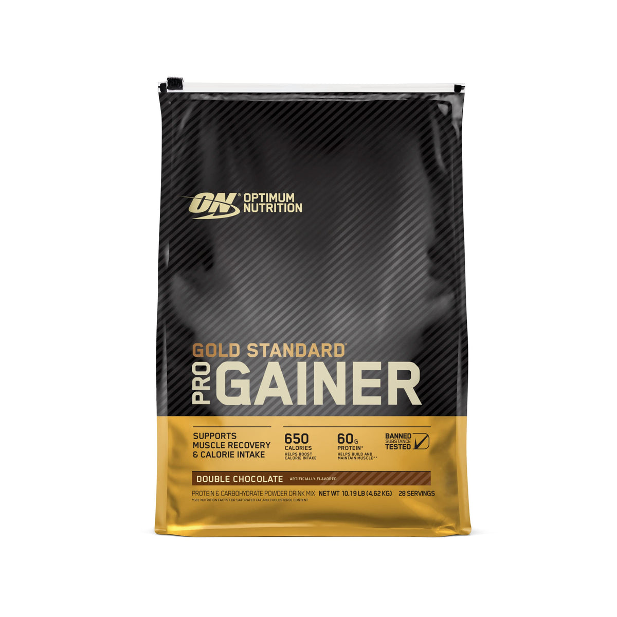 Optimum Nutrition bote frontal mostrando el sabor Double Chocolate y beneficios