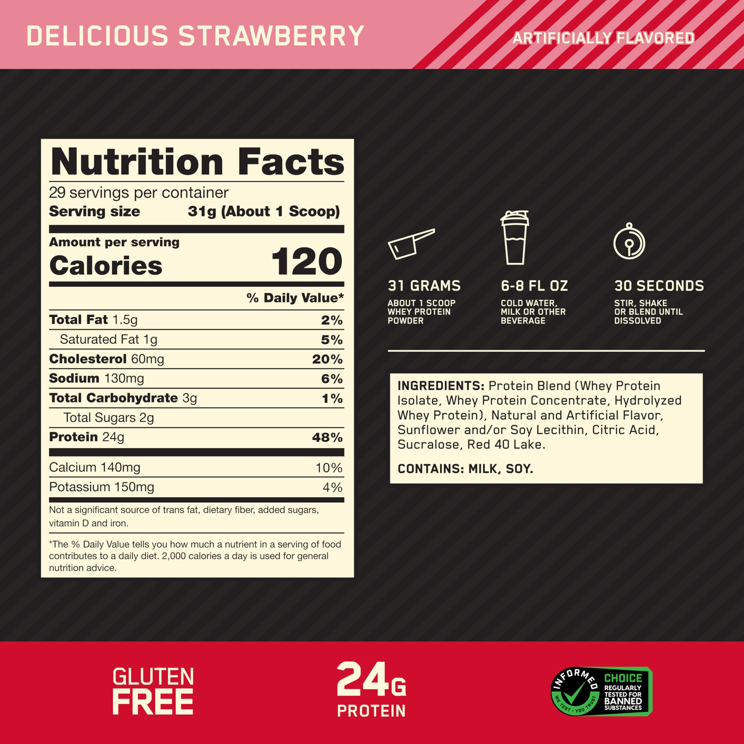 Optimum Nutrition primer plano del polvo para apreciar la textura fina