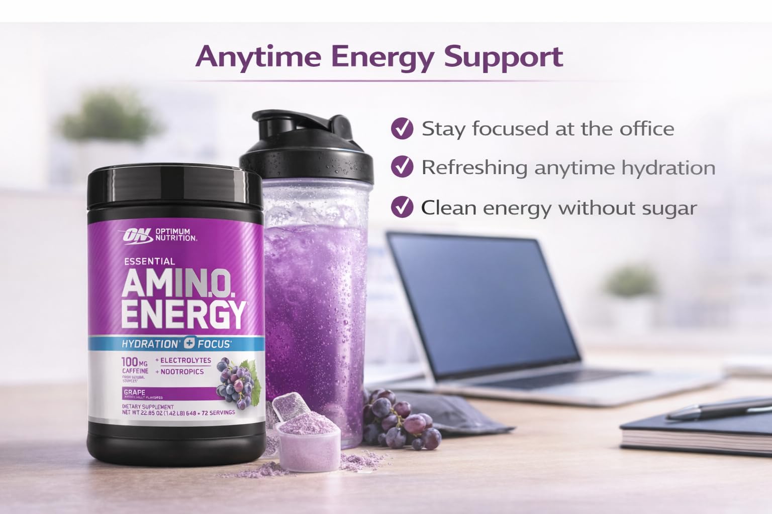Optimum Nutrition etiqueta de ingredientes destacando aminoácidos y cafeína