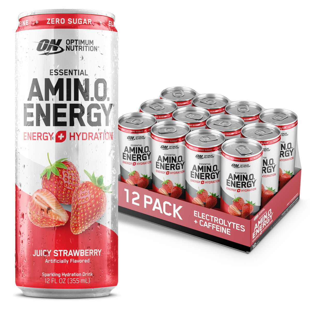 Optimum Nutrition lata frente mostrando sabor fresa y energía instantánea