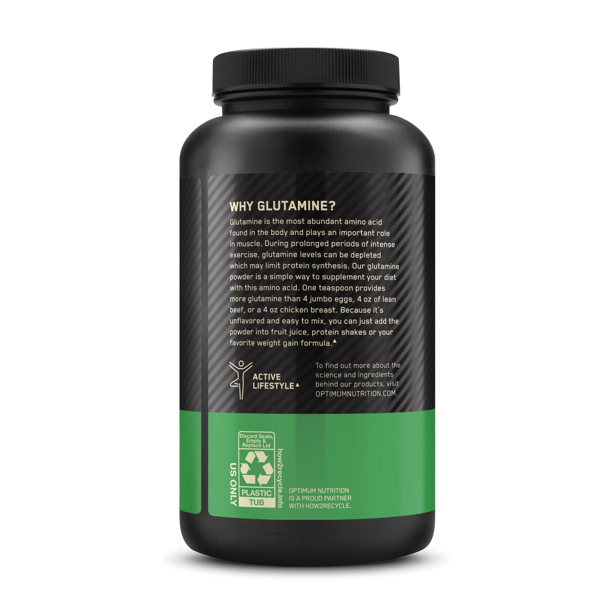 Optimum Nutrition frasco junto a pesa para comparar tamaño y porciones