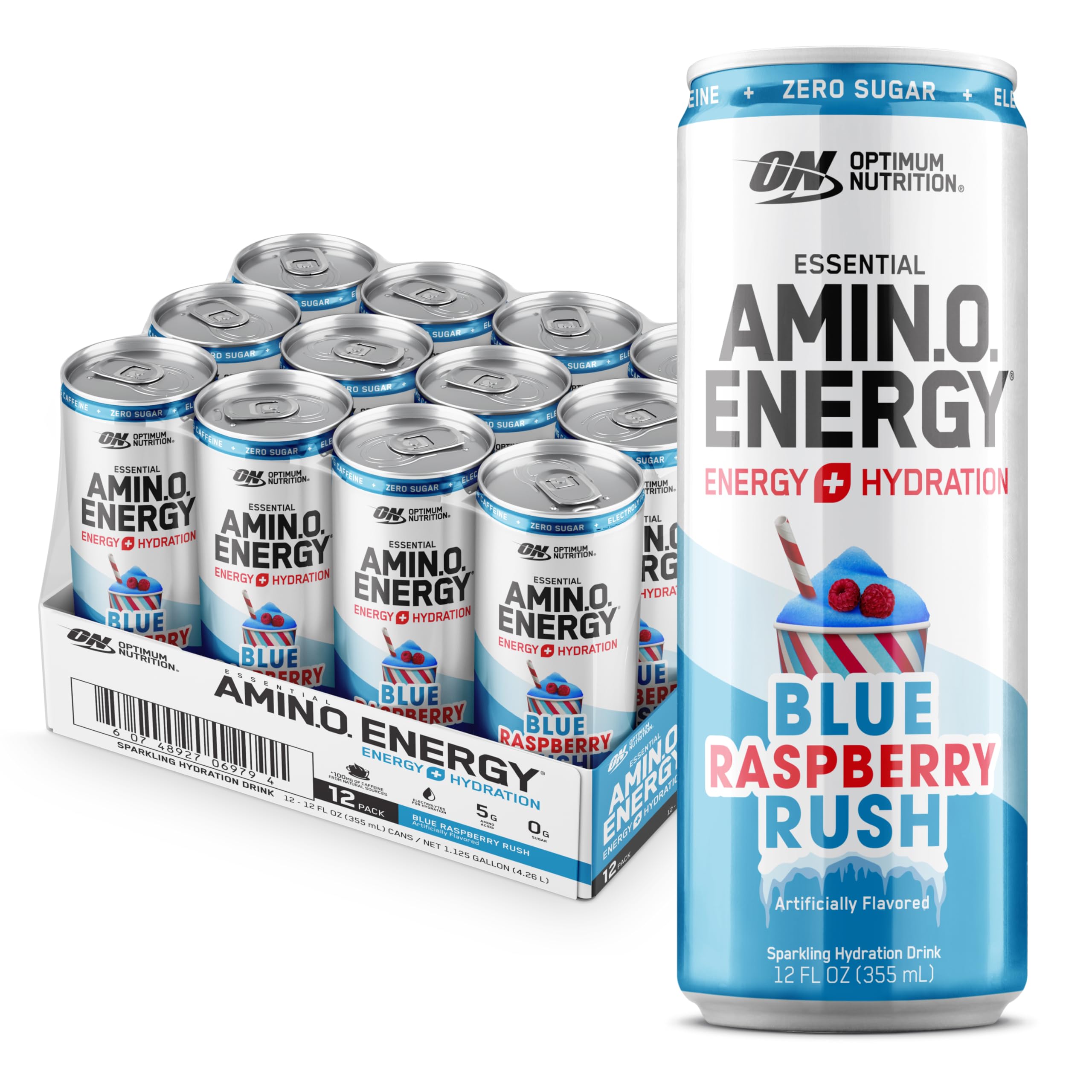 Optimum Nutrition lata frontal mostrando diseño y sabor frambuesa azul refrescante