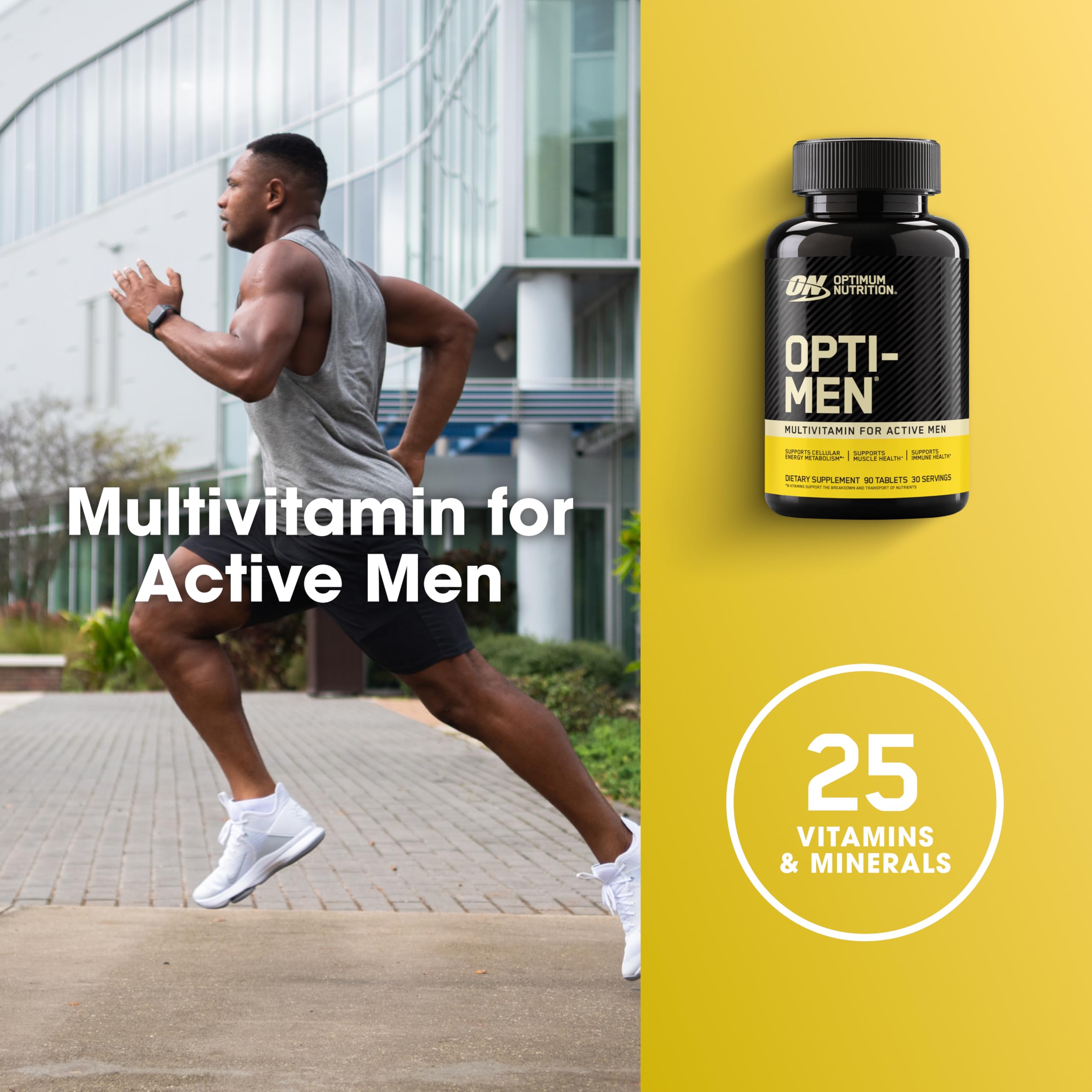 Optimum Nutrition Opti-Men en mano para comparar tamaño y control de dosis