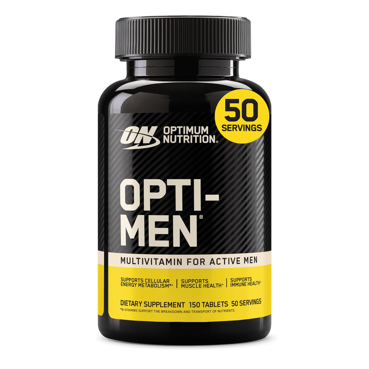 Optimum Nutrition envase Opti-Men al frente mostrando 150 tabletas y beneficio de conveniencia