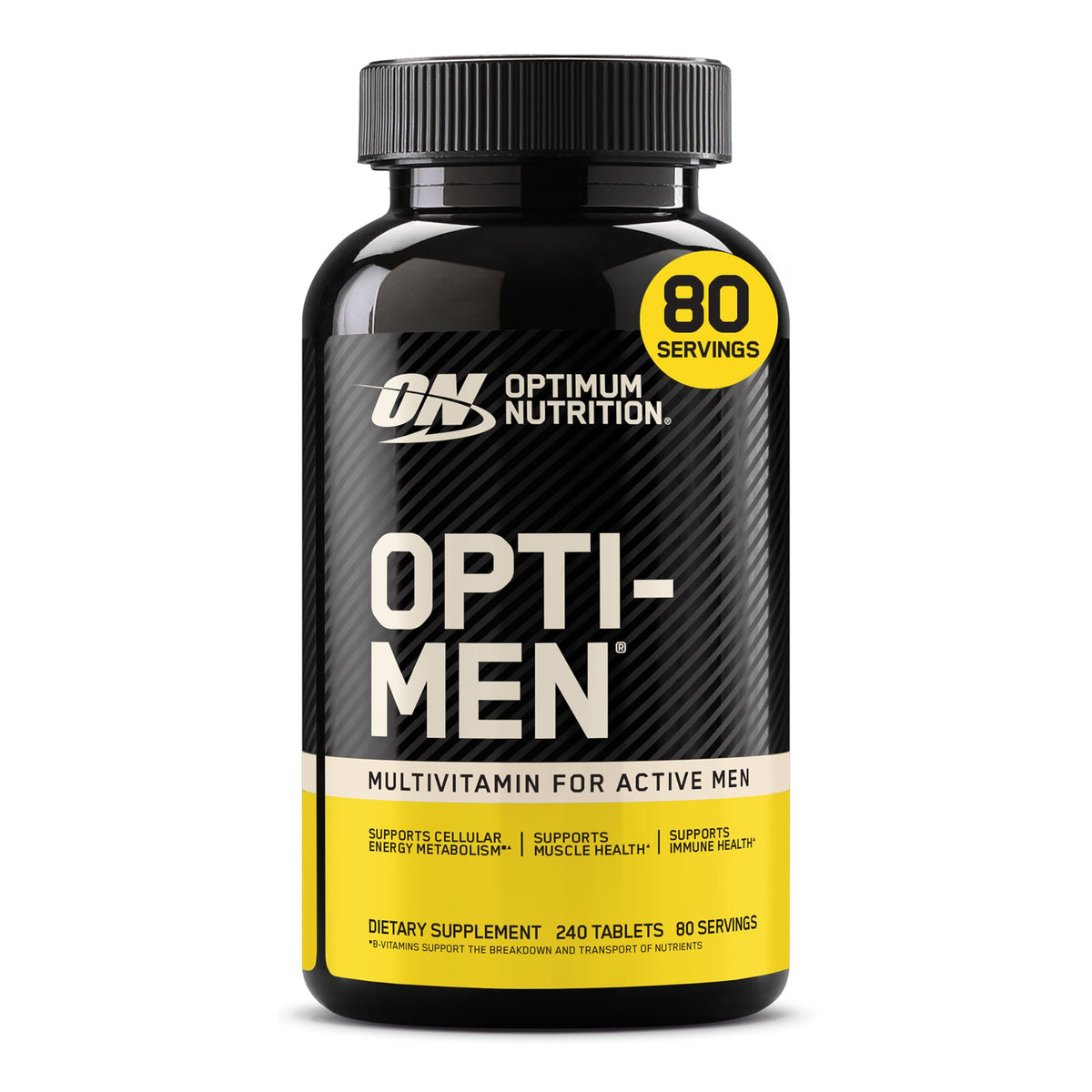 Optimum Nutrition frasco frontal mostrando etiqueta y beneficio duradero