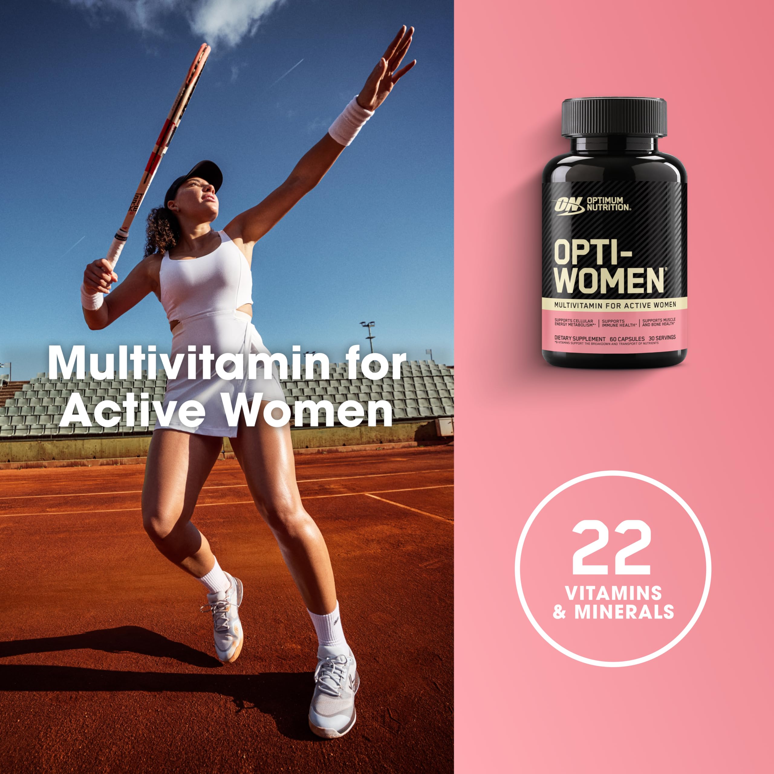 Optimum Nutrition manos sosteniendo cápsulas señalando dosis diaria práctica