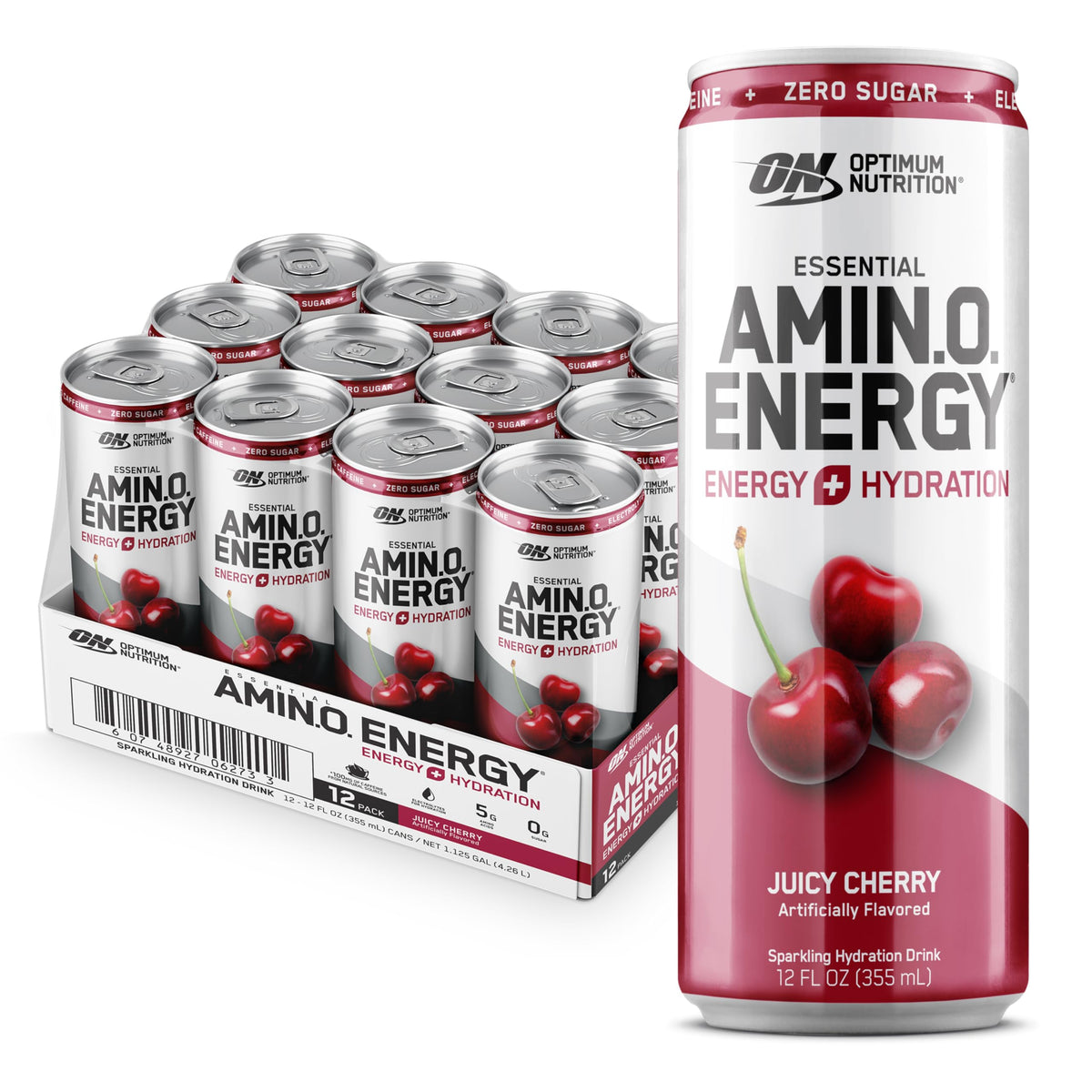Optimum Nutrition lata frontal Juicy Cherry mostrando diseño y beneficio refrescante