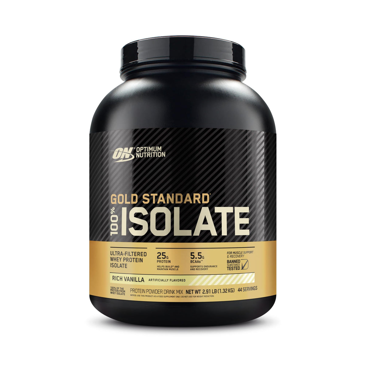 Optimum Nutrition envase frontal sabor Rich Vanilla mostrando branding y beneficio proteína pura