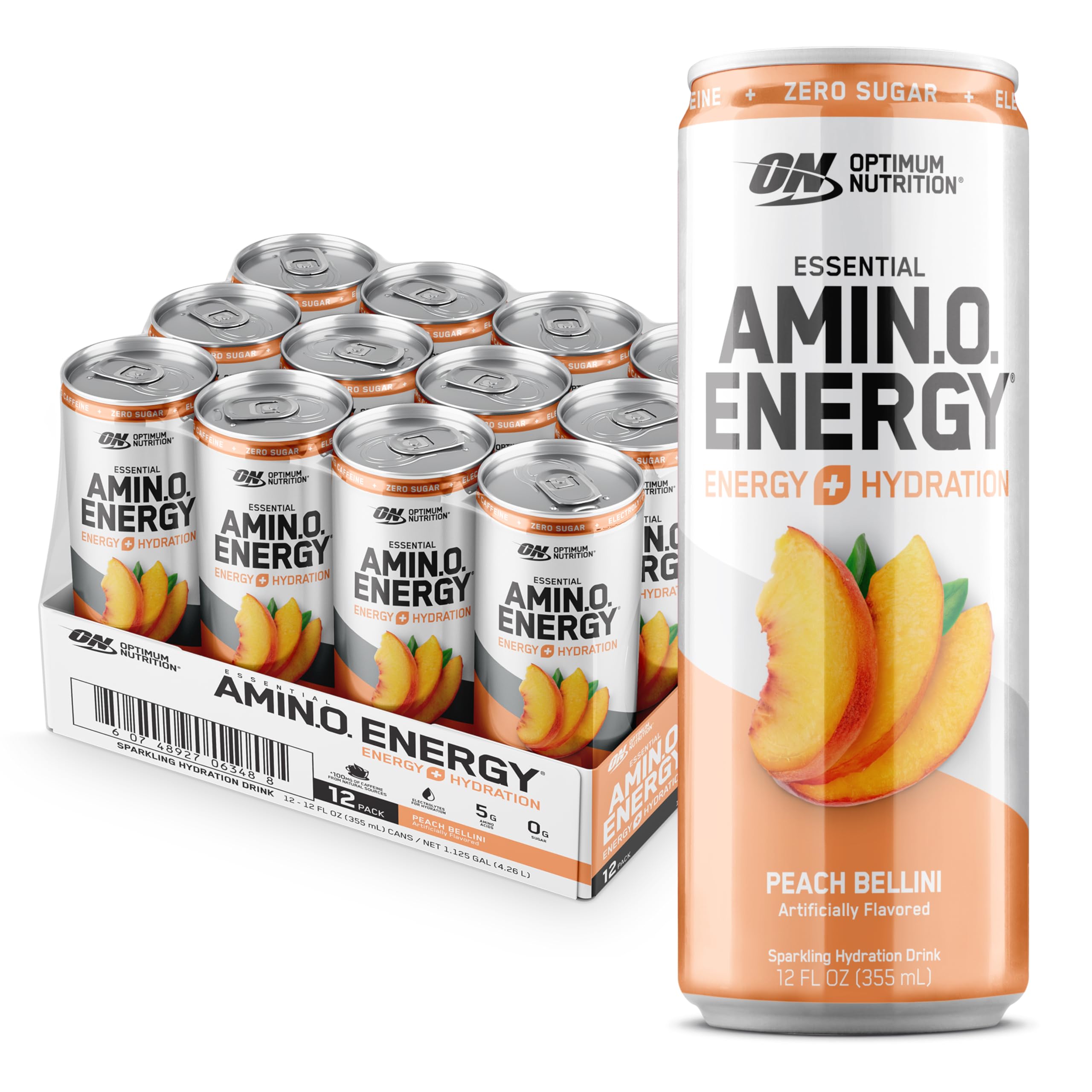 Optimum Nutrition lata frontal Peach Bellini, muestra sabor y energía