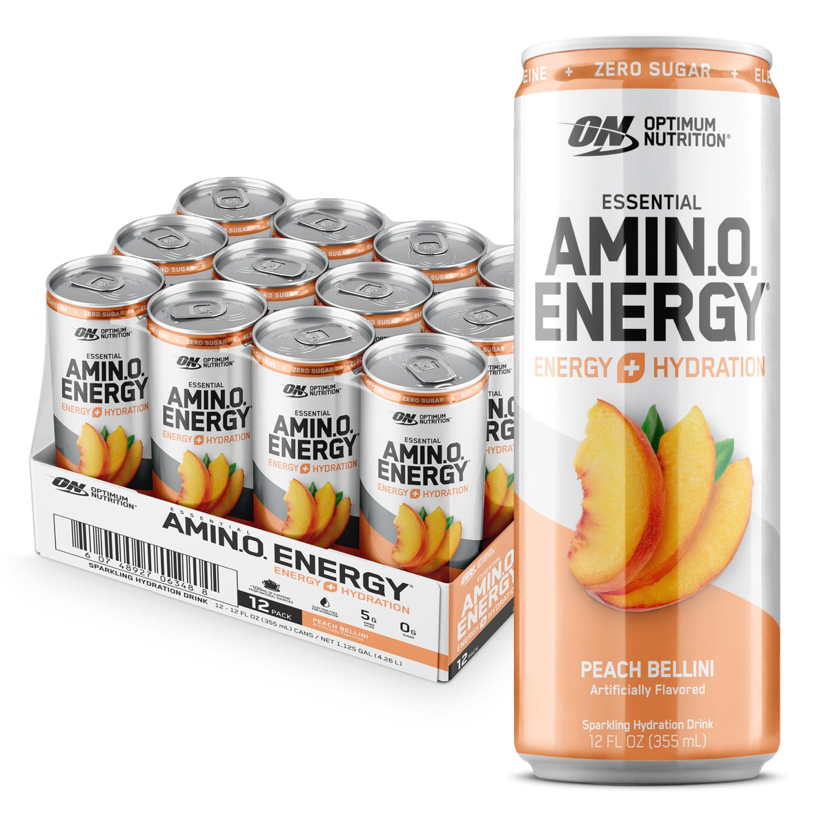 Optimum Nutrition lata frontal Peach Bellini, muestra sabor y energía