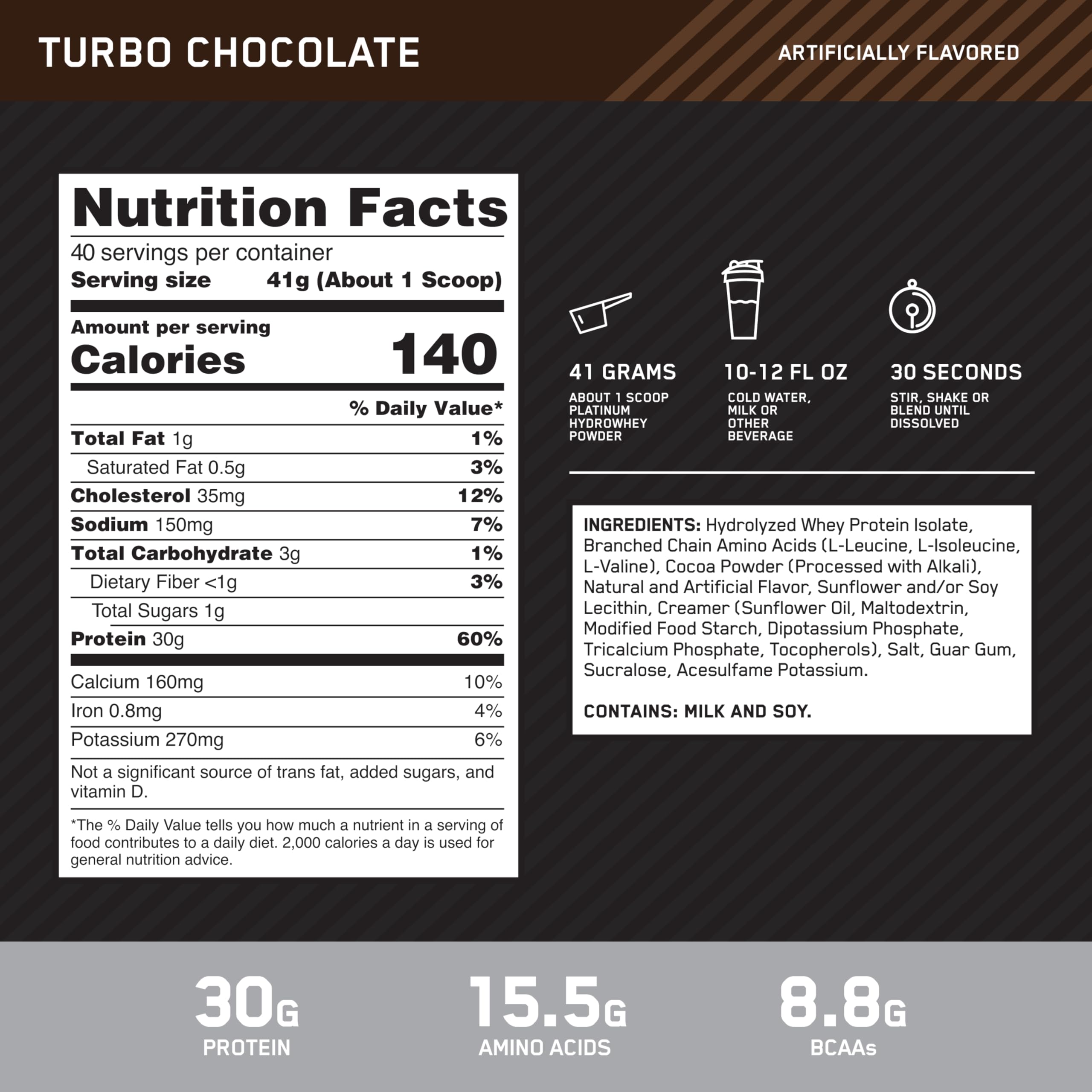 Optimum Nutrition batido de Turbo Chocolate servido en vaso, sabor intenso y práctico