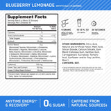 Optimum Nutrition cuchara con polvo Blueberry Lemonade antes de mezclar, dosis ajustable práctica