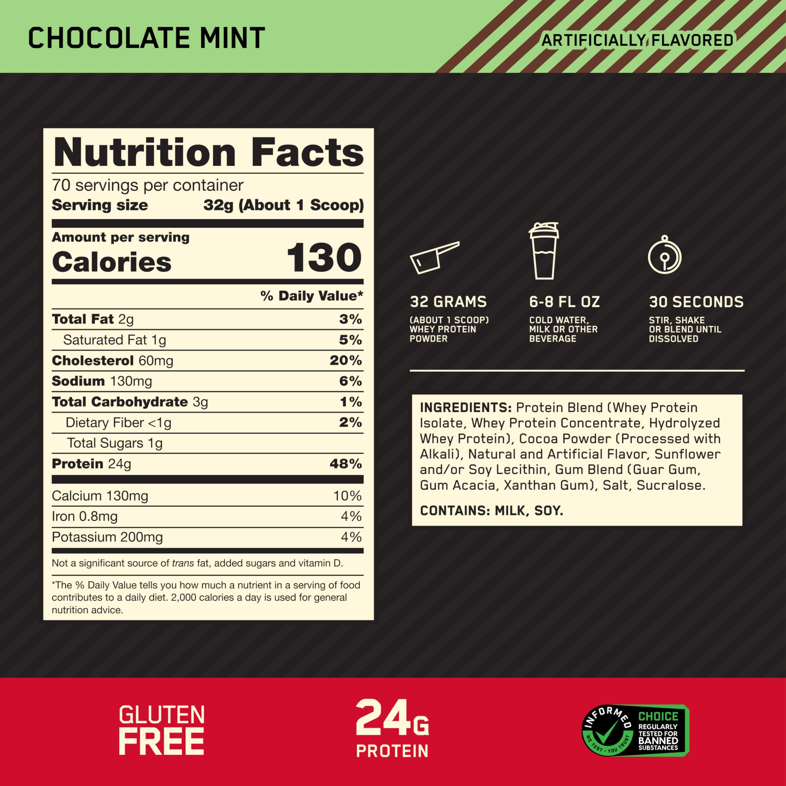 Optimum Nutrition polvo en cuchara mostrando textura fina y fácil mezcla