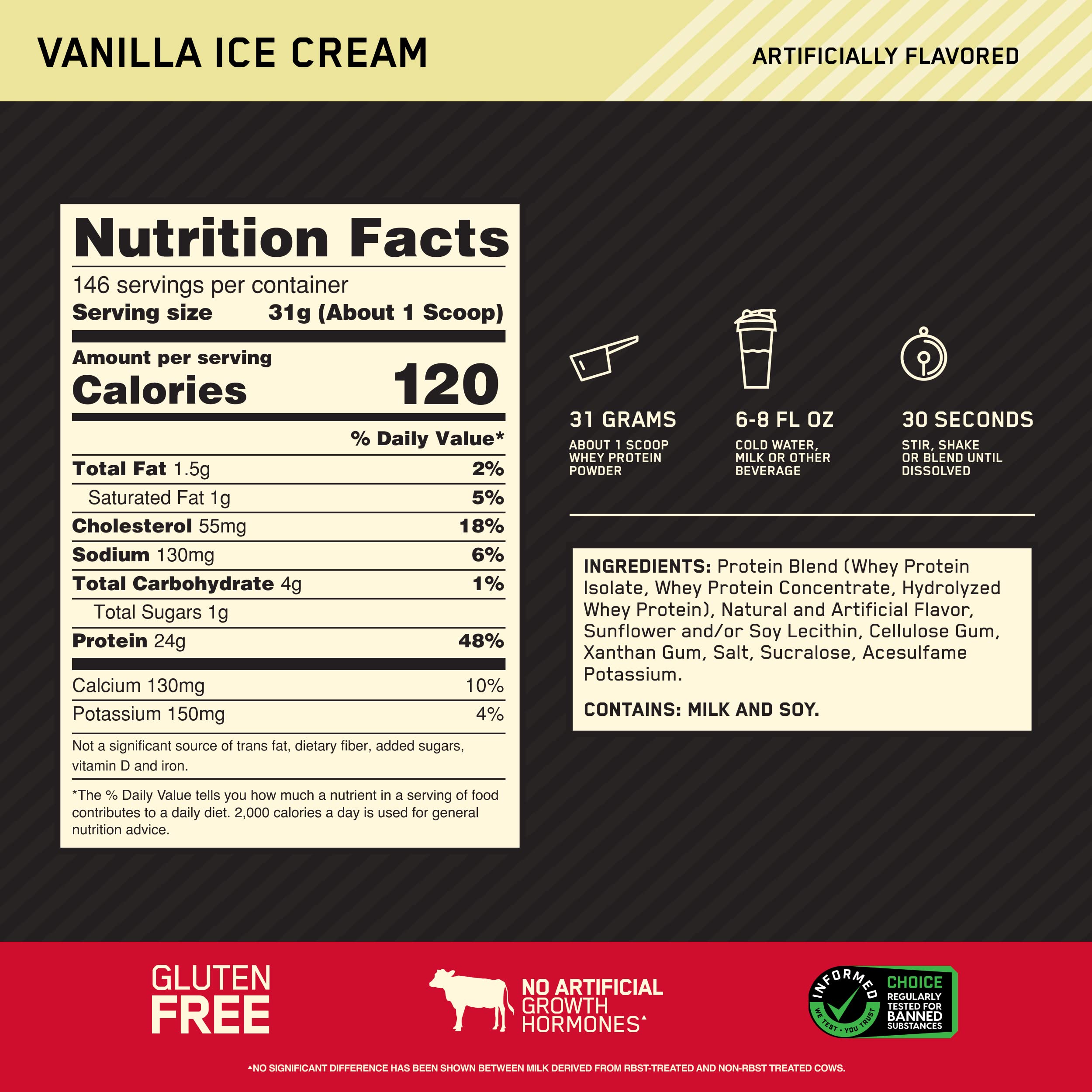 Optimum Nutrition cucharada de polvo mostrando textura fina y mezcla fácil