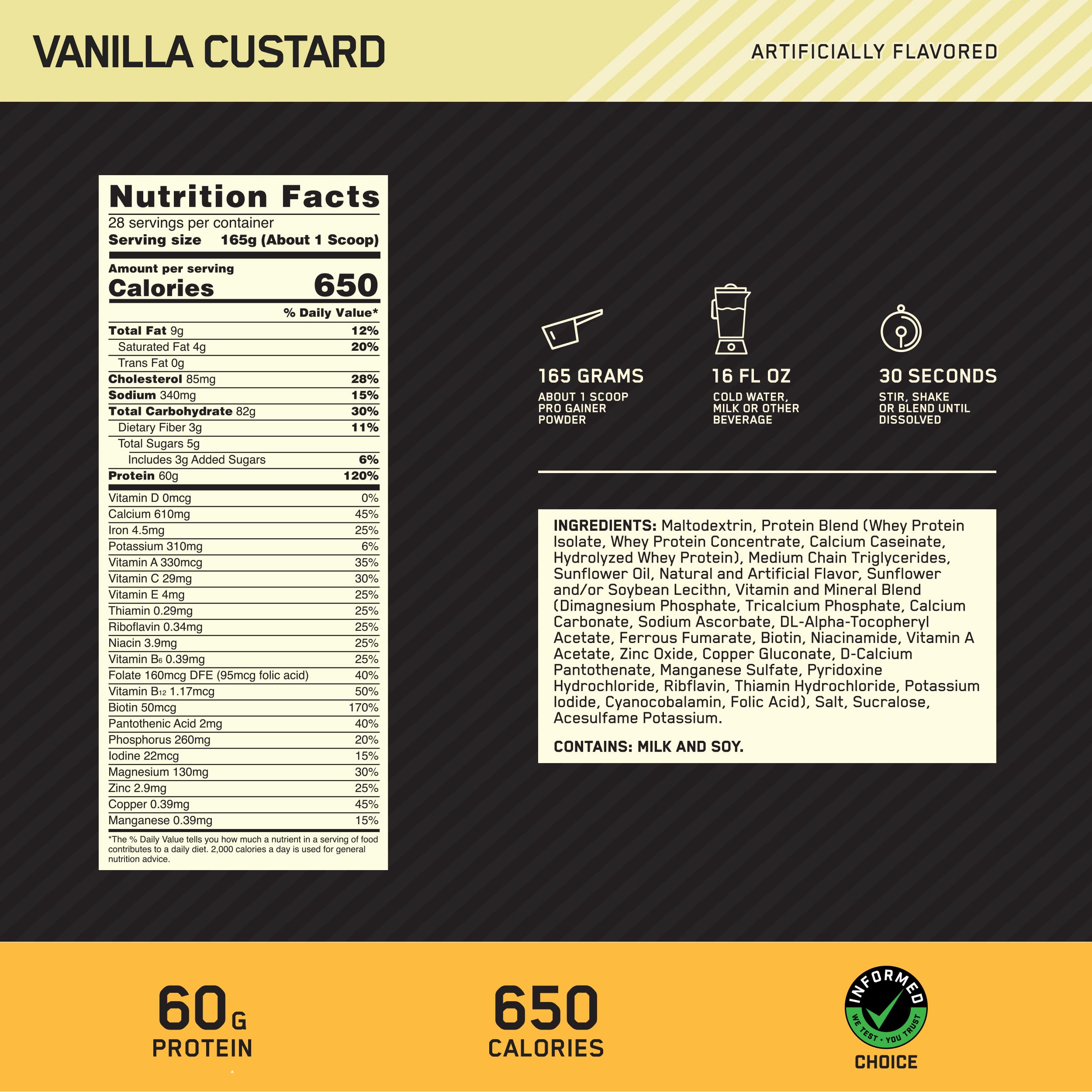 Optimum Nutrition polvo Vainilla Custard textura fina y soluble para mezclas