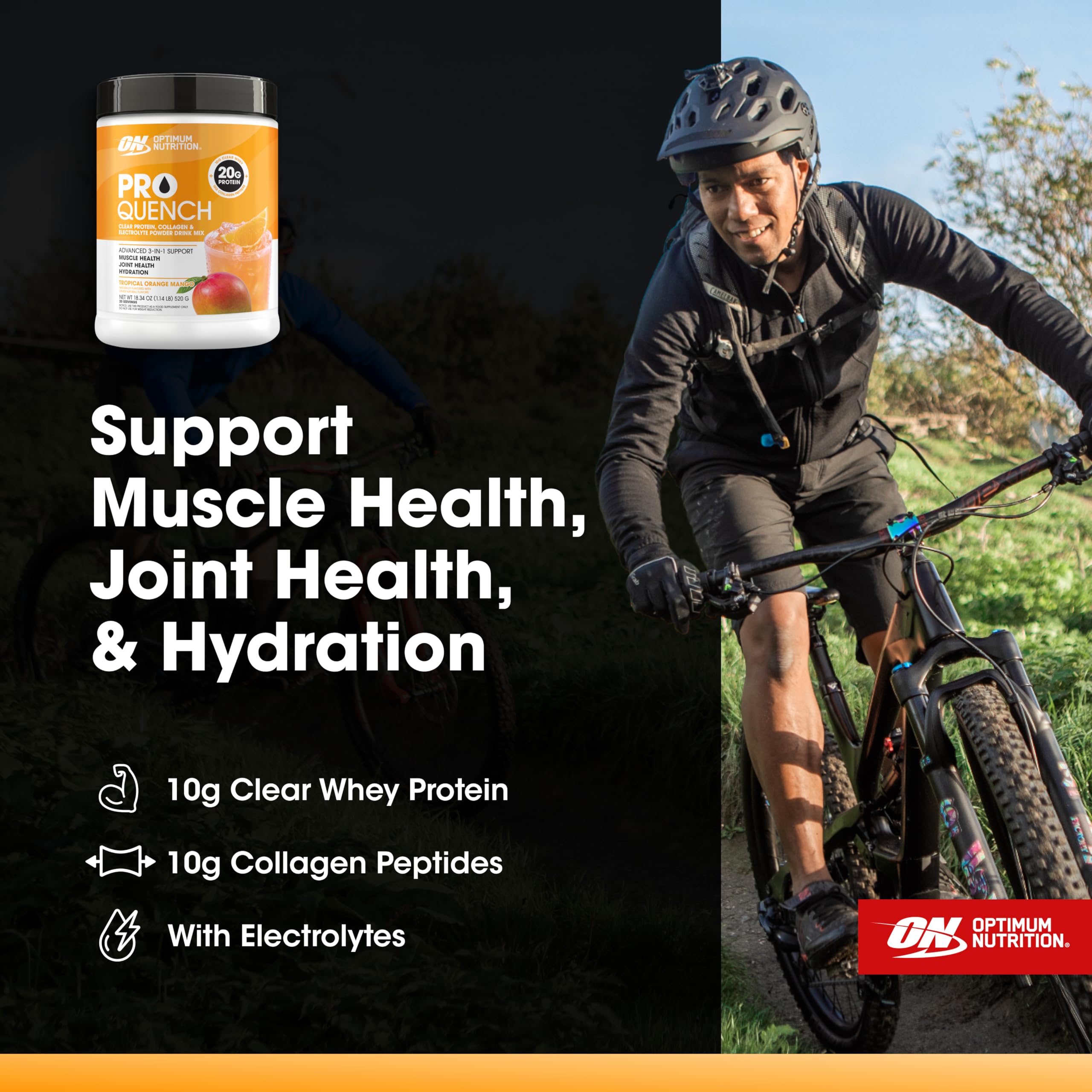 Optimum Nutrition deportista bebiendo Pro Quench tras entrenamiento, recuperación rápida