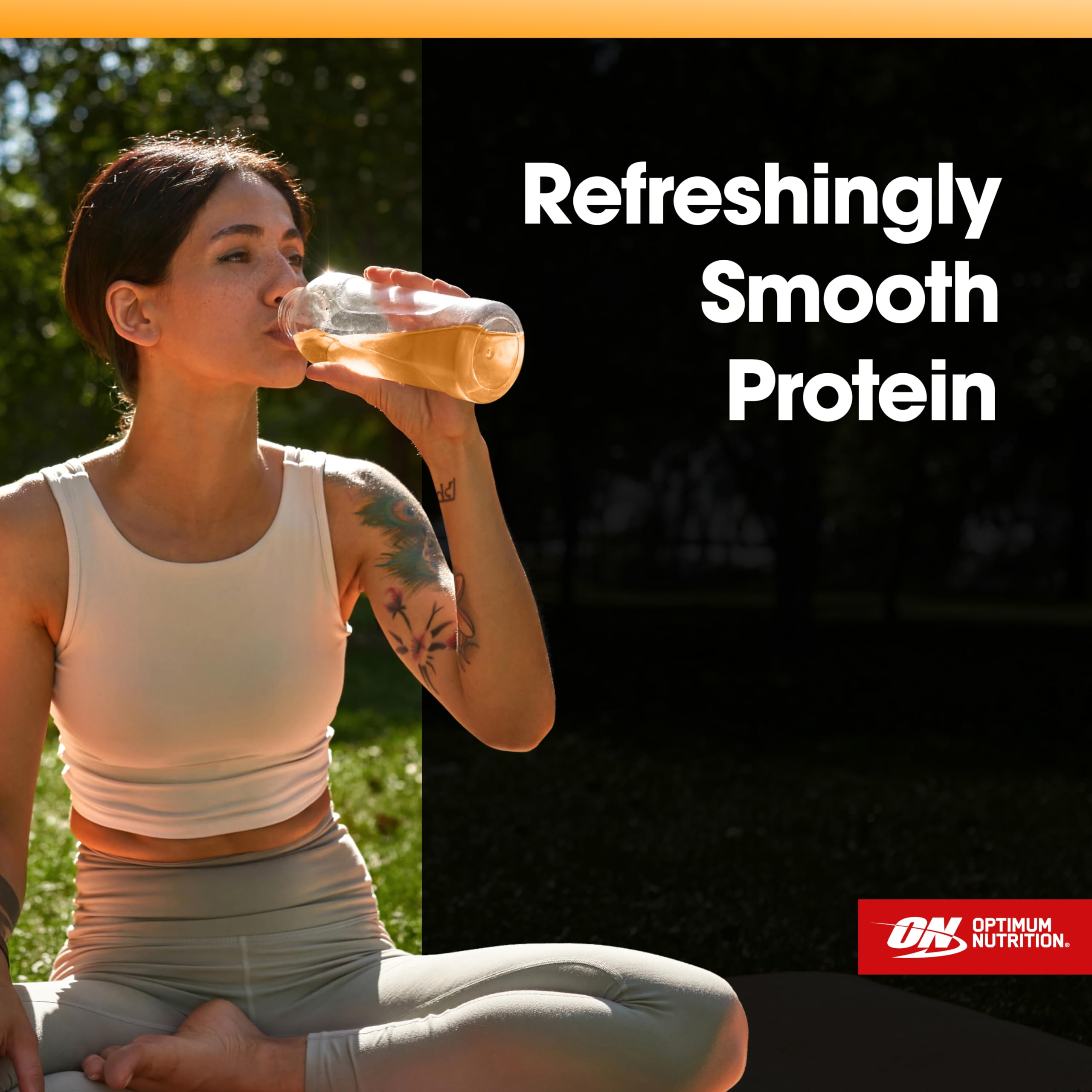Optimum Nutrition cuchara con polvo, muestra la porción y facilidad de uso