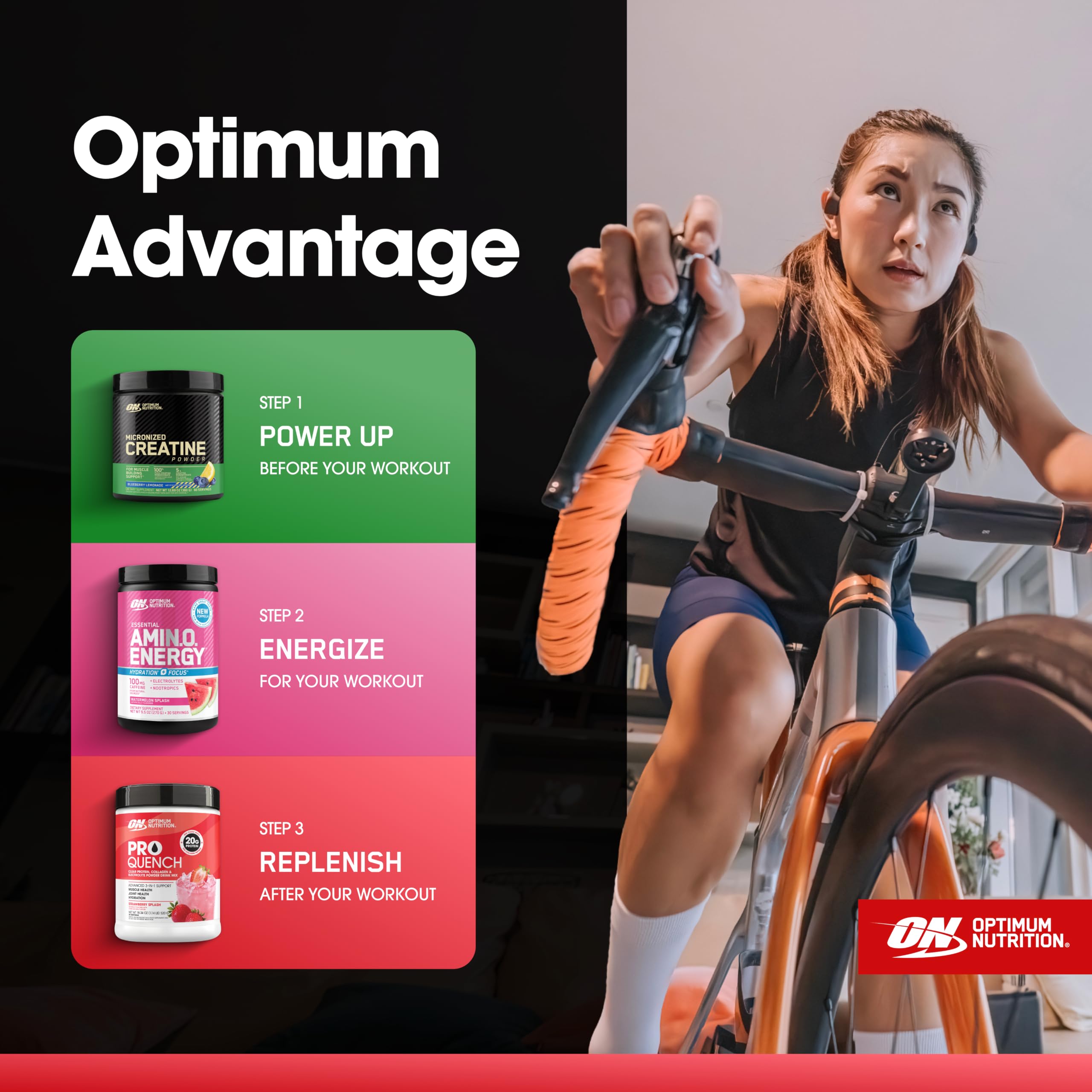 Envase abierto Pro Quench Optimum Nutrition mostrando el interior del polvo