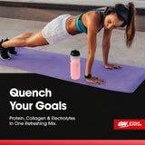 Closeup de gotas sabor fresa Pro Quench Optimum Nutrition, aspecto apetecible