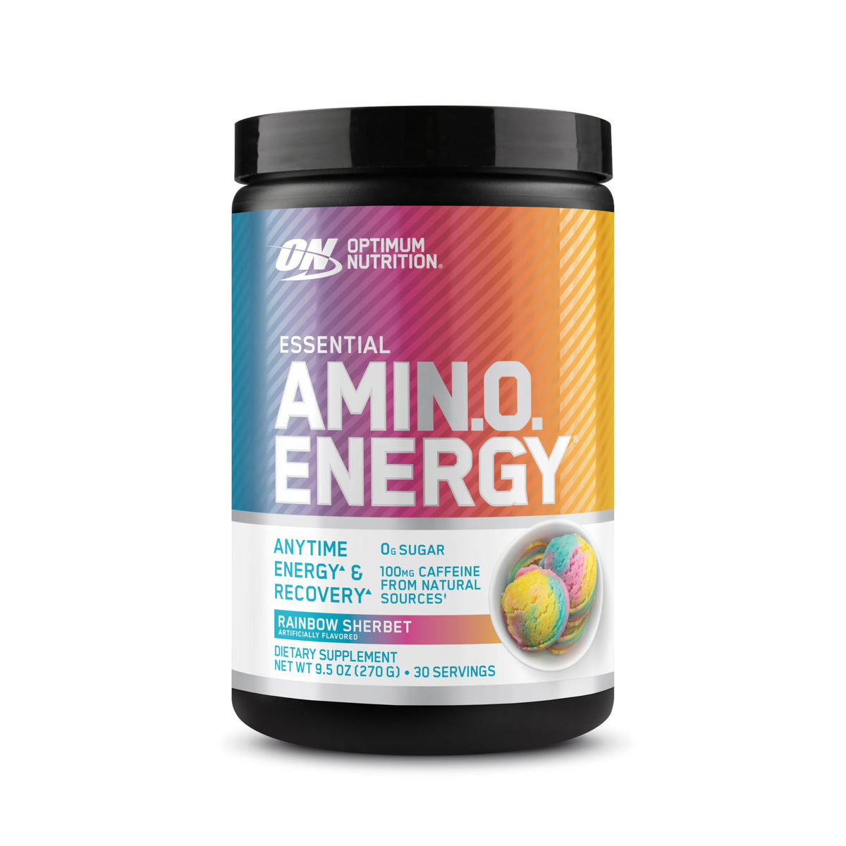 Optimum Nutrition envase frontal Rainbow Sherbet mostrando etiqueta y beneficio energía