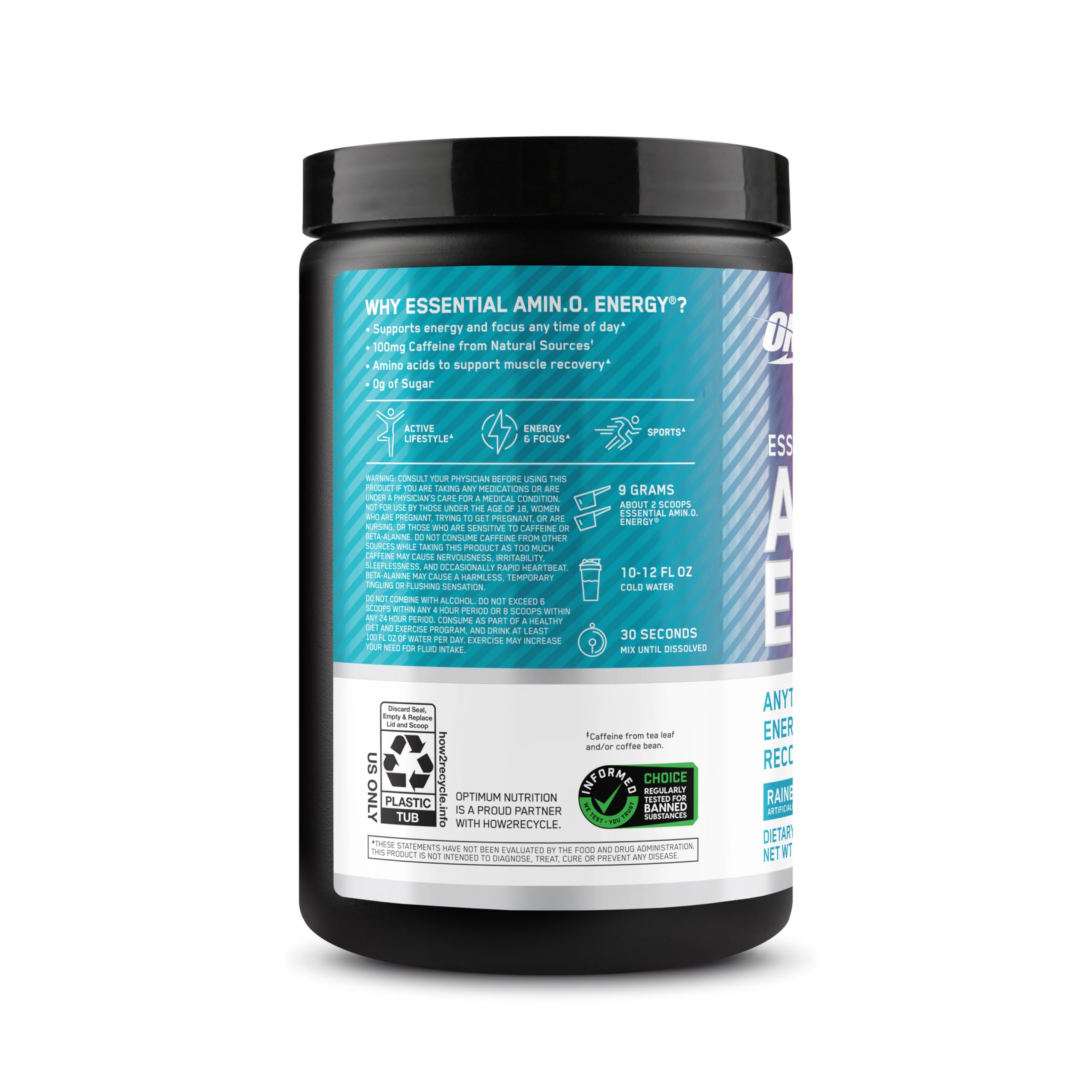 Optimum Nutrition etiqueta de ingredientes, muestra aminoácidos y cafeína clara