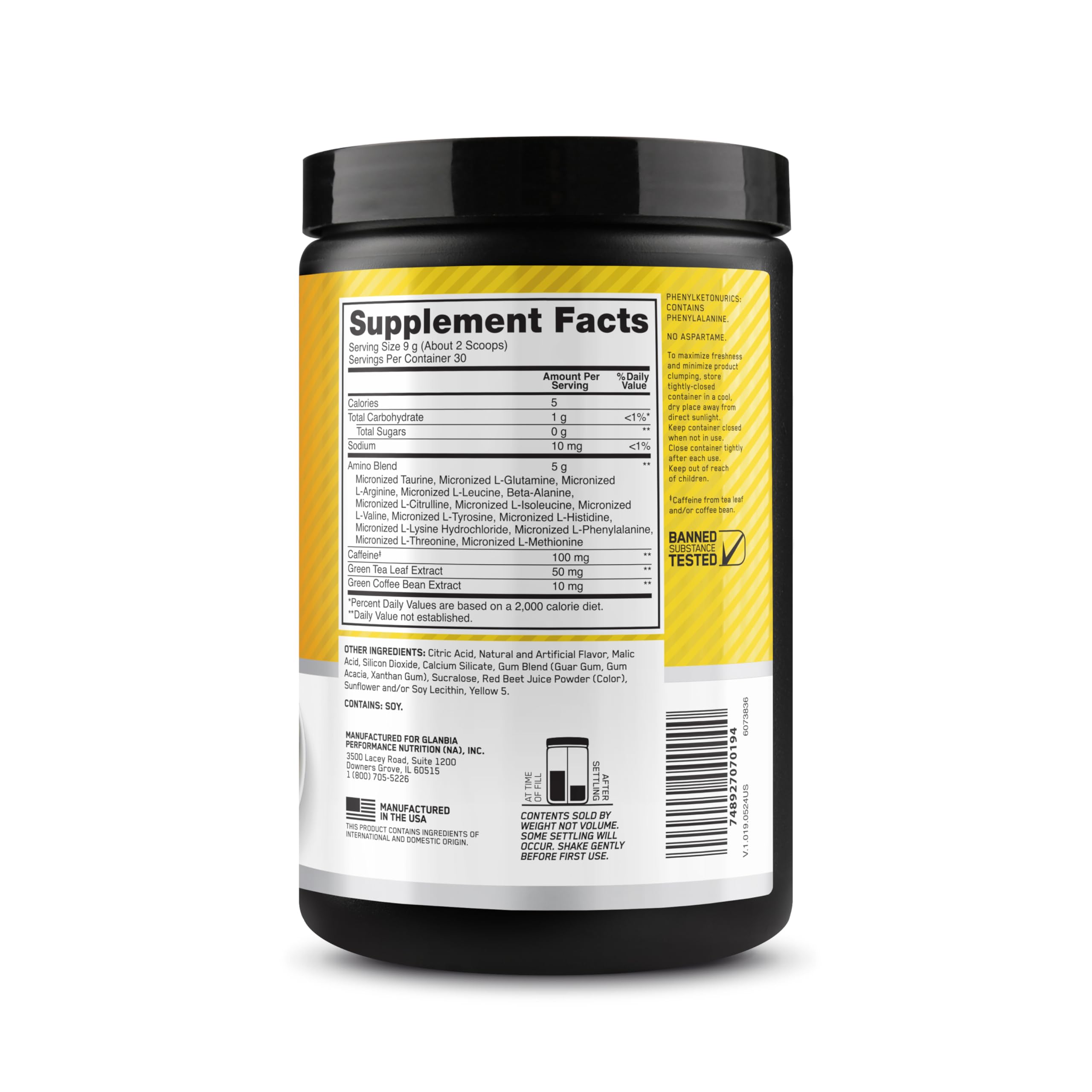 Optimum Nutrition envase junto a teléfono para comparar tamaño y portabilidad