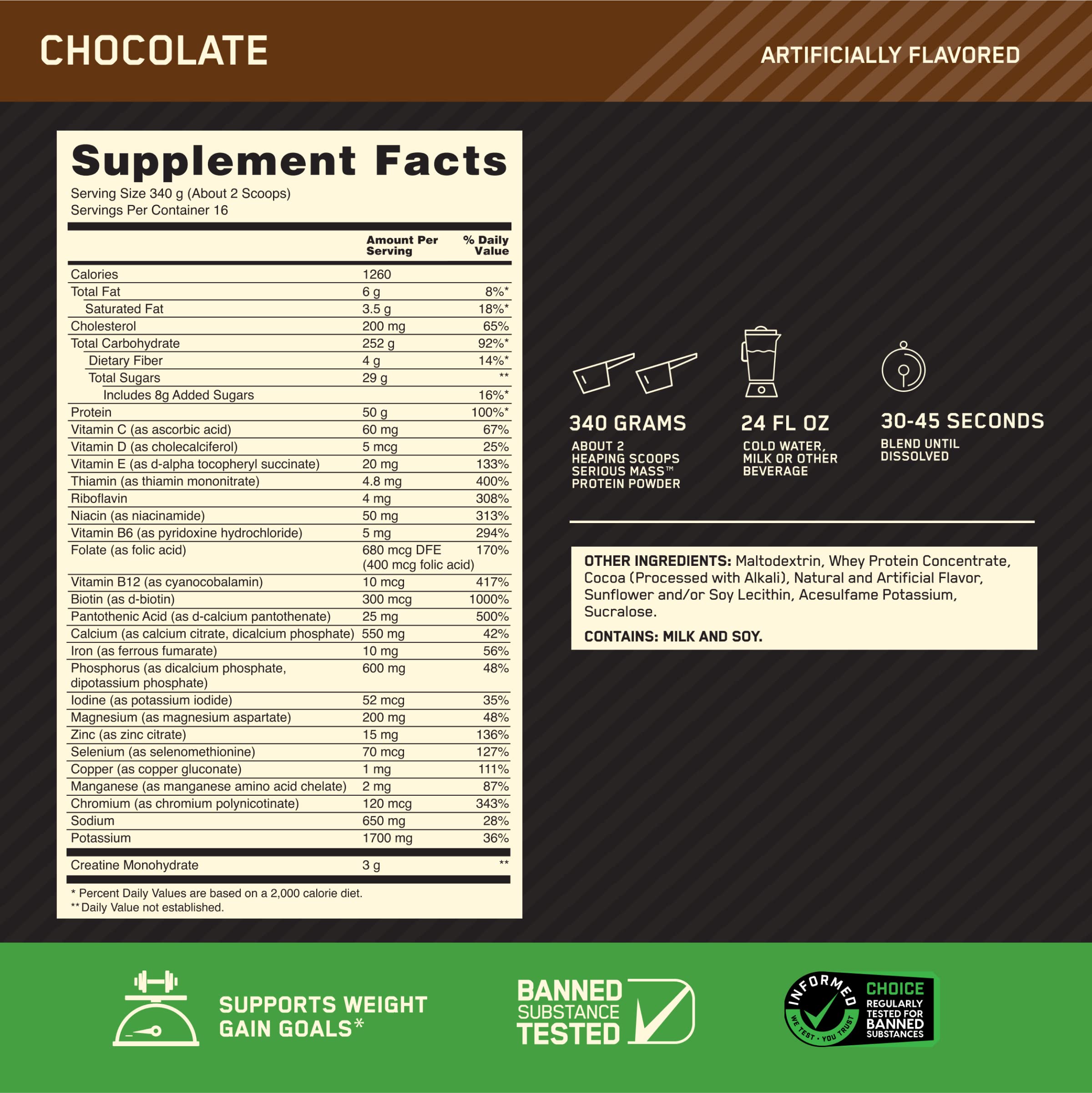 Vaso con batido chocolate Optimum Nutrition Serious Mass listo para tomar tras entrenamiento, aporta calorías