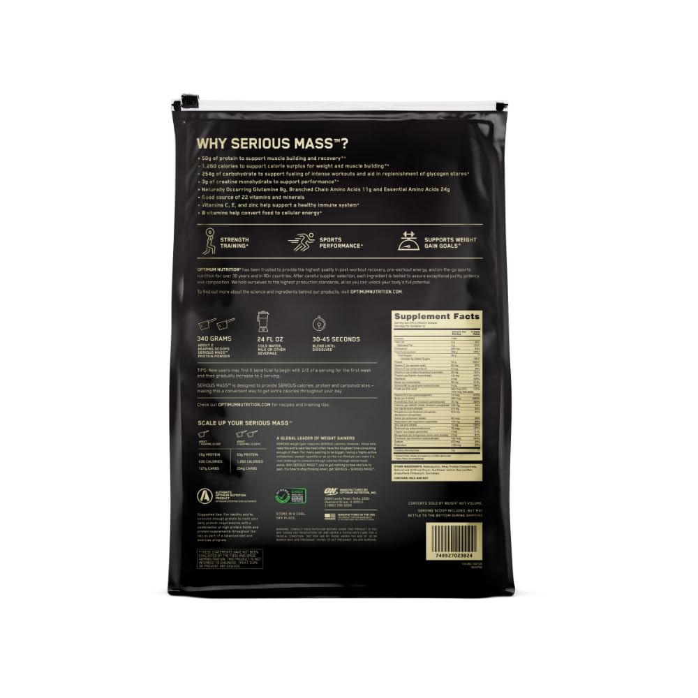 Optimum Nutrition caja abierta mostrando polvo y precauciones de almacenamiento