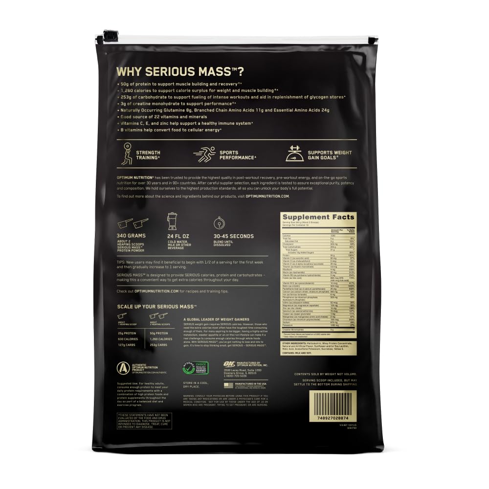 Optimum Nutrition atleta con Serious Mass en gimnasio apoyando aumento de masa
