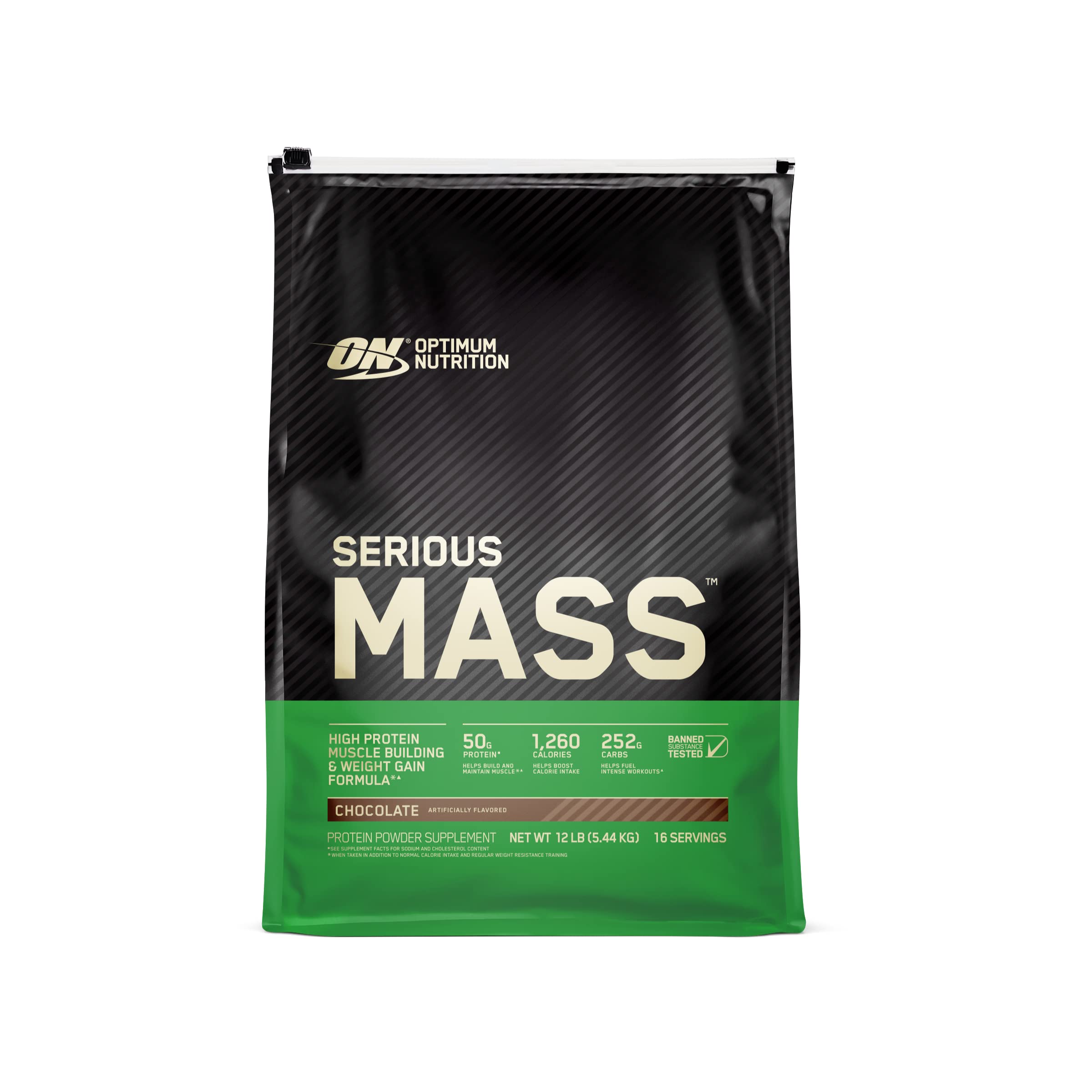 Envase Optimum Nutrition Serious Mass frente mostrando diseño y tamaño 12LB, ideal para ganancia calórica