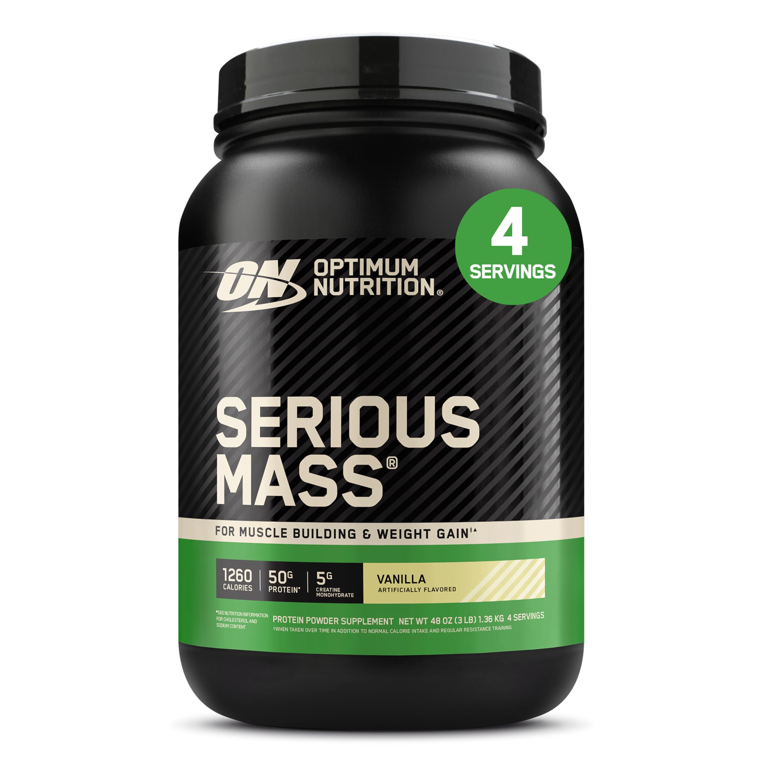 Optimum Nutrition envase Serious Mass frente, alta densidad calórica