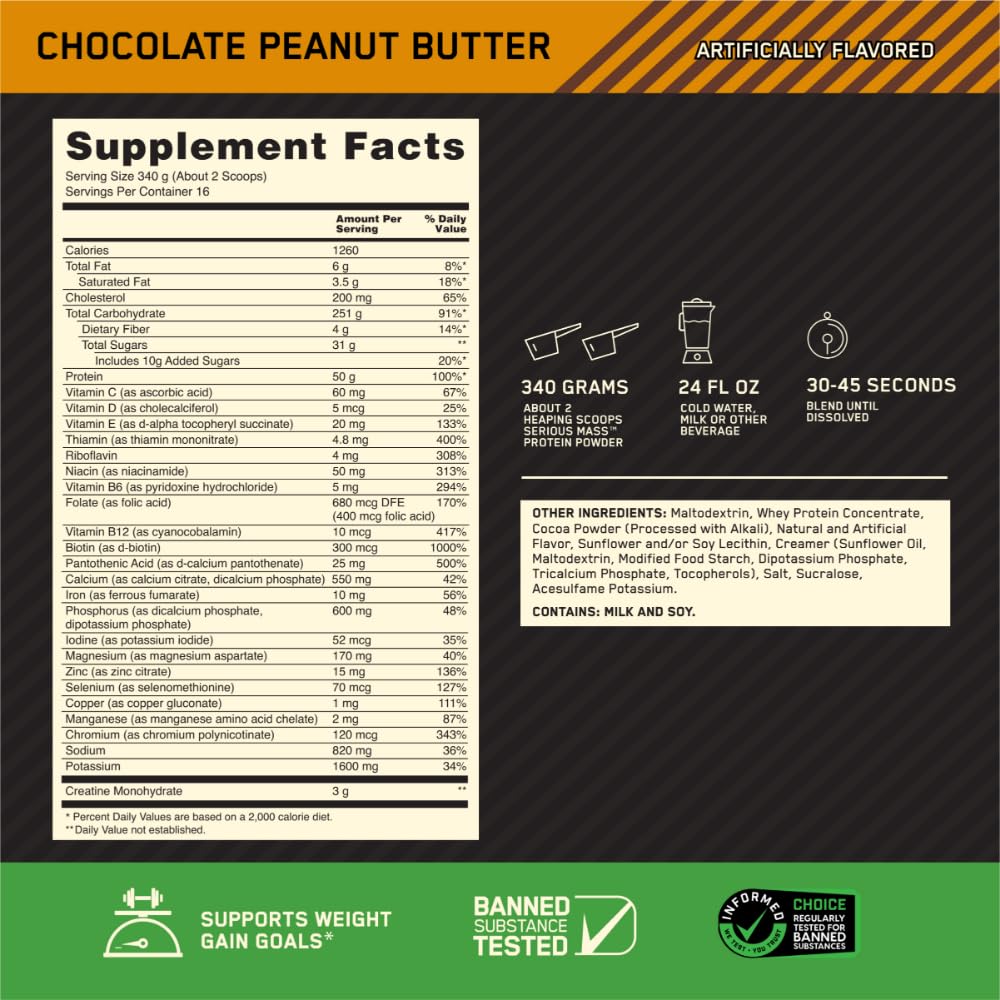 Optimum Nutrition polvo de Serious Mass mostrando textura densa y cremosa