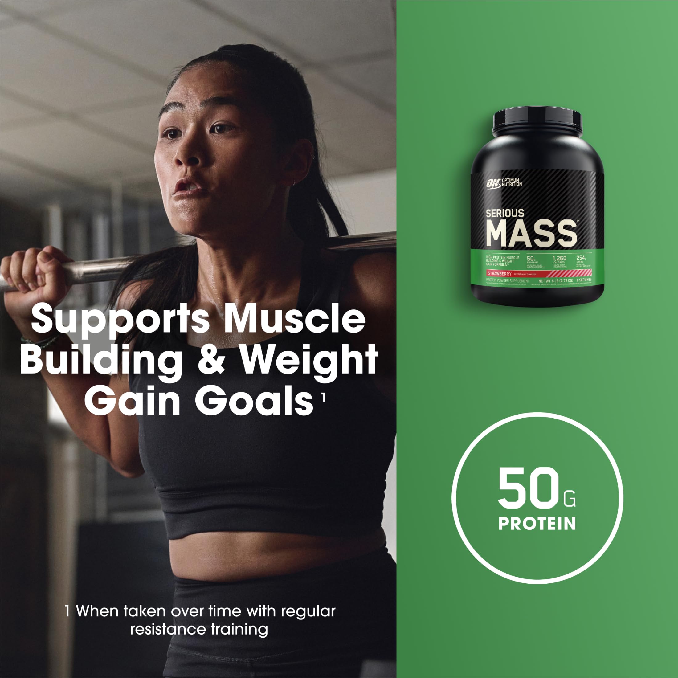 Optimum Nutrition envase junto a una mano para referencia de tamaño