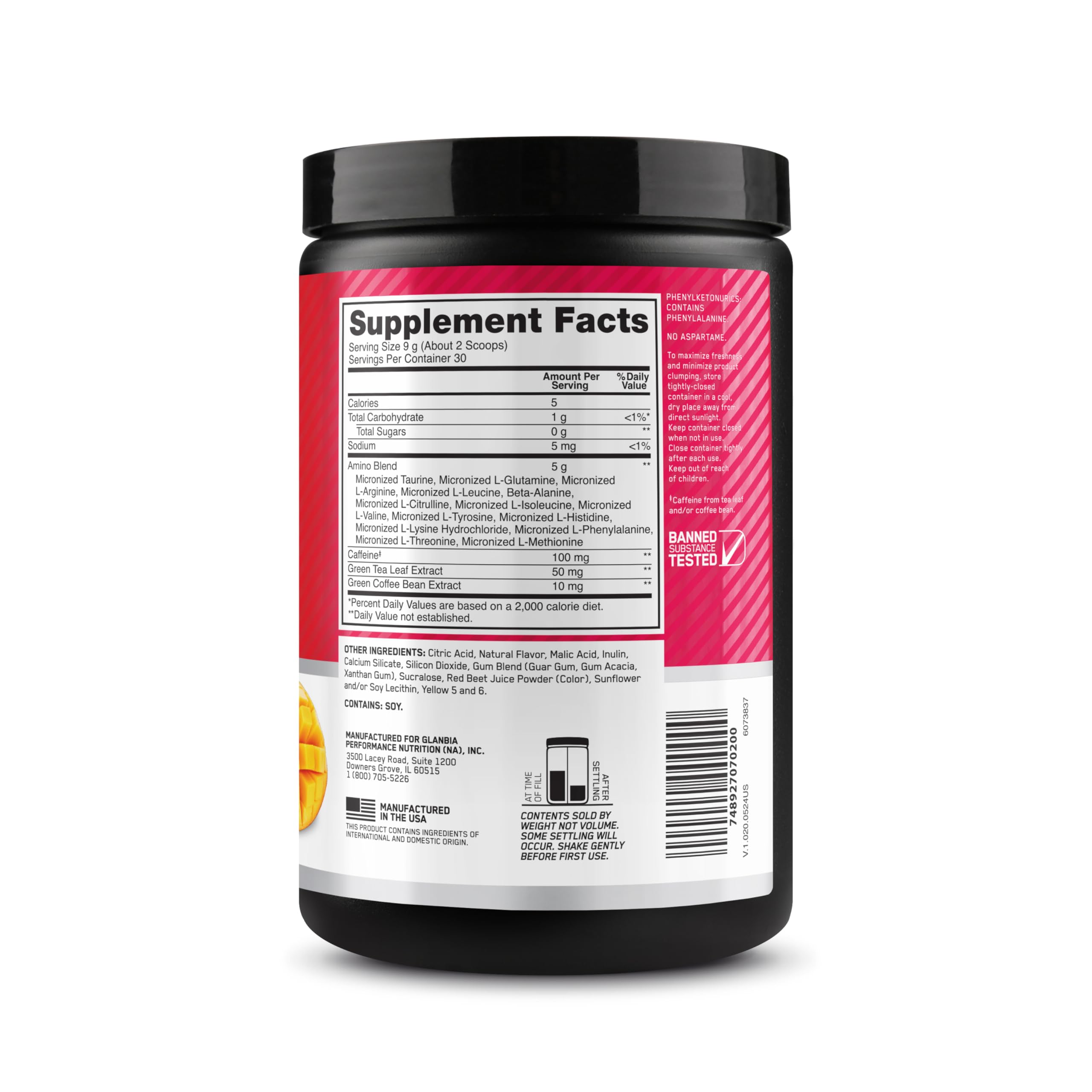 Optimum Nutrition polvo y fruta ilustrando sabor Peach Mango Tango apetecible