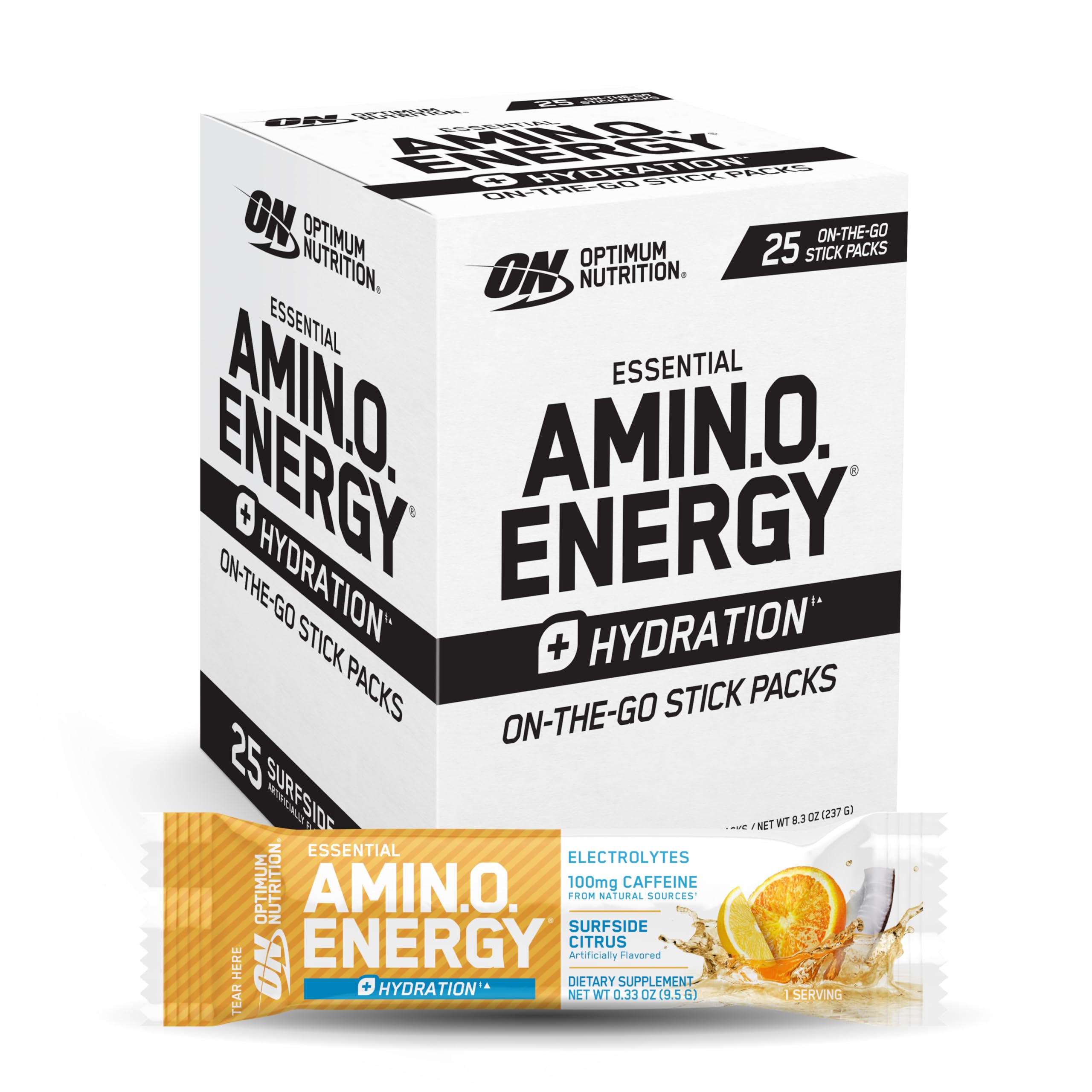 Optimum Nutrition frente del paquete mostrando 25 sobres y beneficio práctico