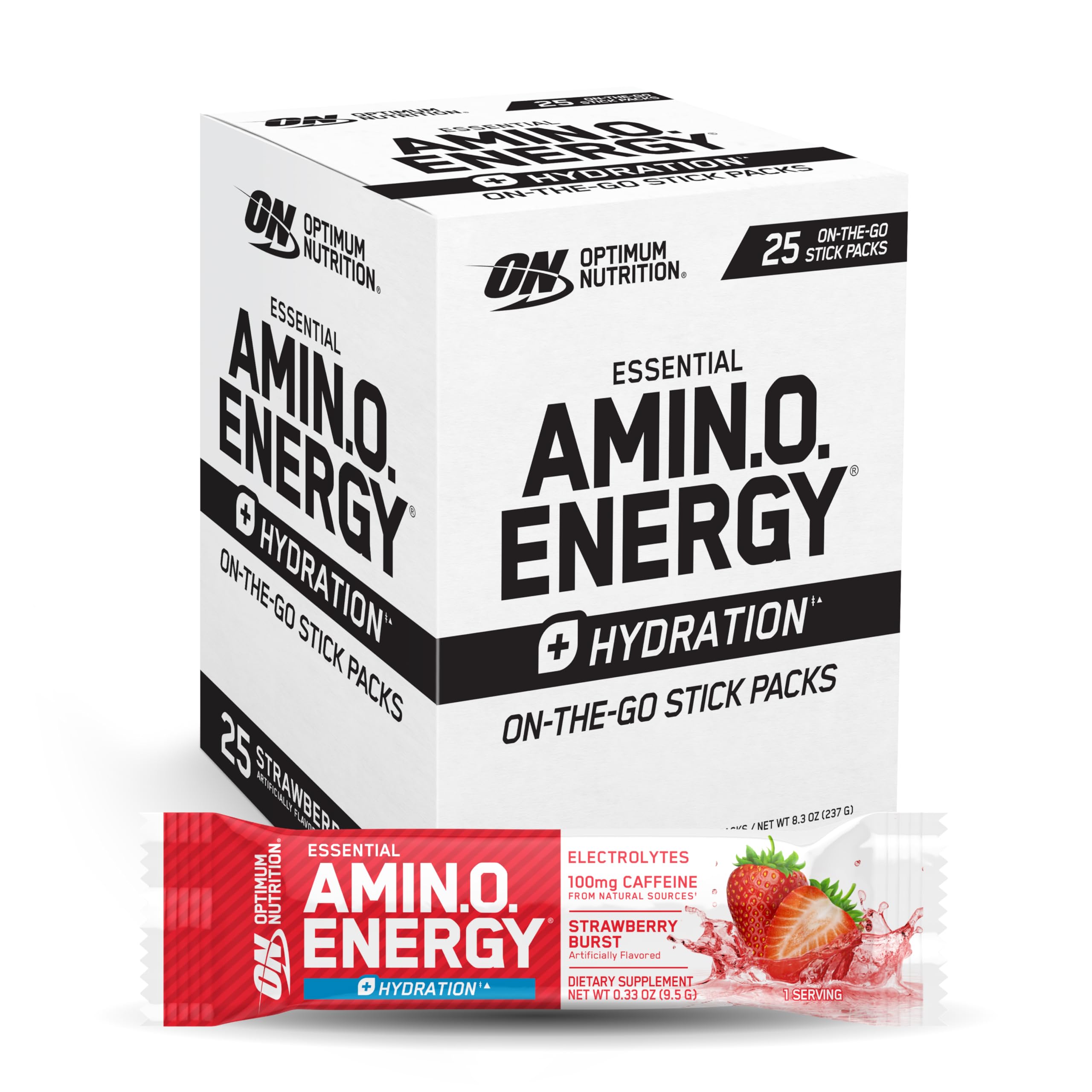 Optimum Nutrition frontal del paquete Strawberry Burst mostrando conveniencia