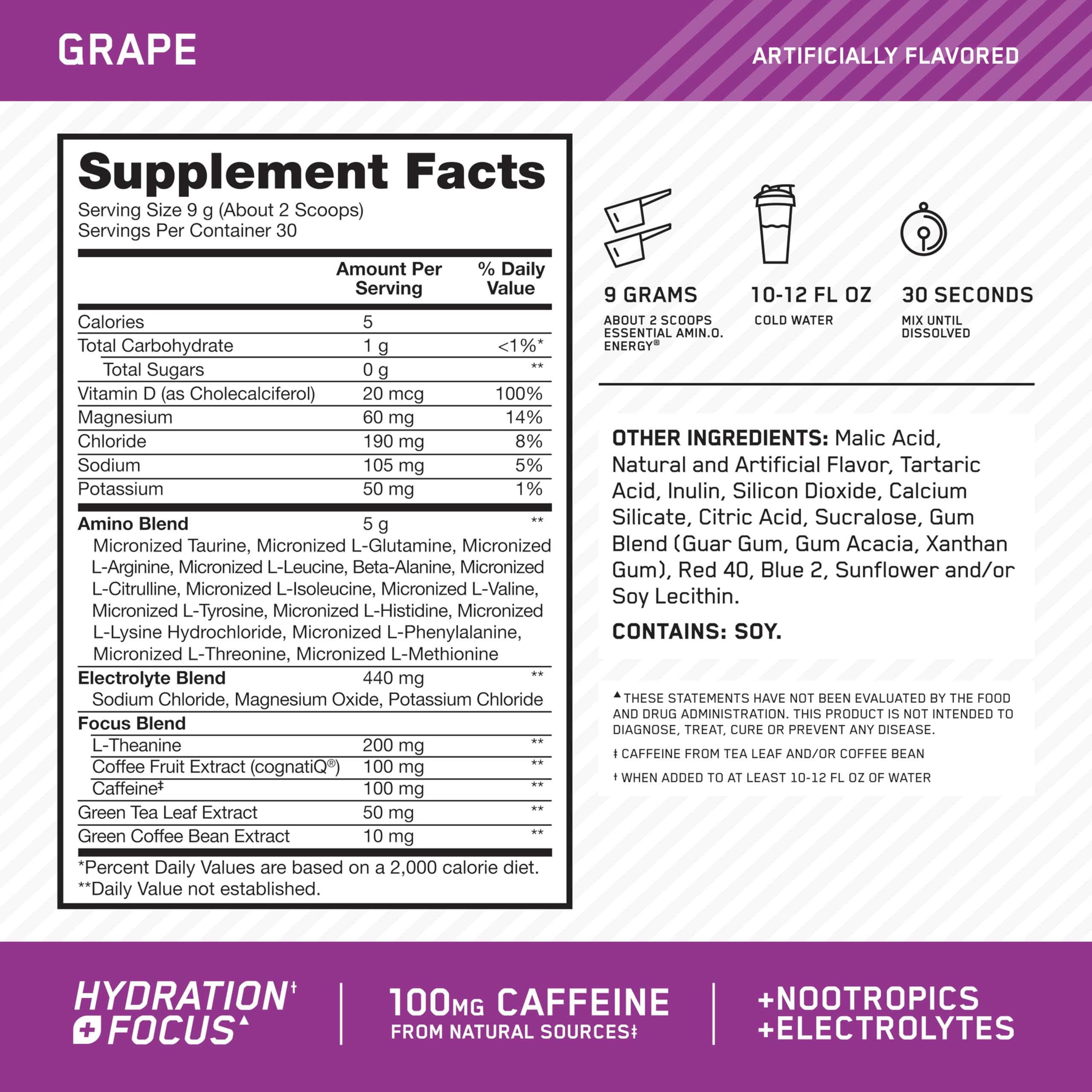 Optimum Nutrition polvo morado abierto para ver textura fina y solubilidad