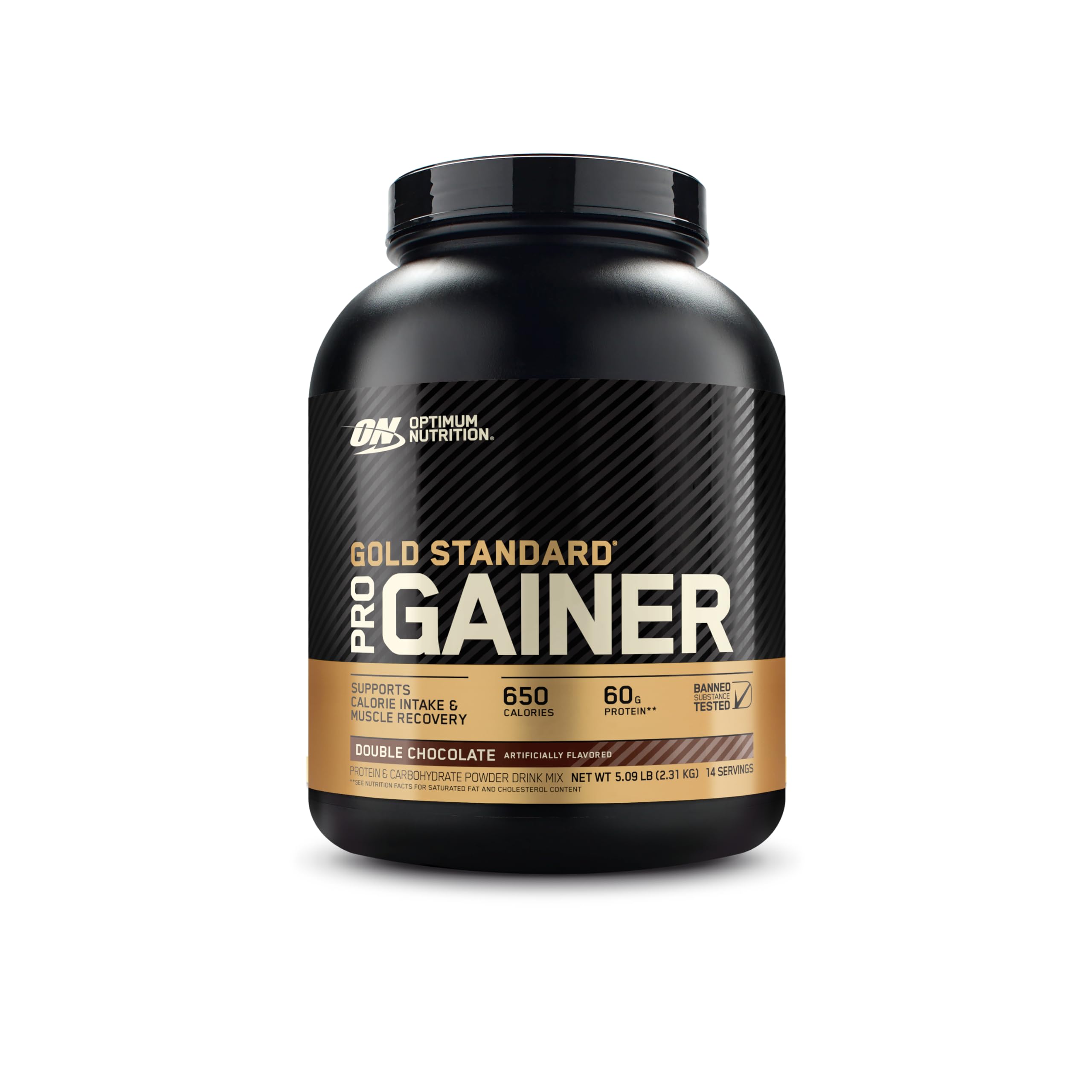 Optimum Nutrition tarro frontal Double Chocolate mostrando presentación 5 lb y conveniencia