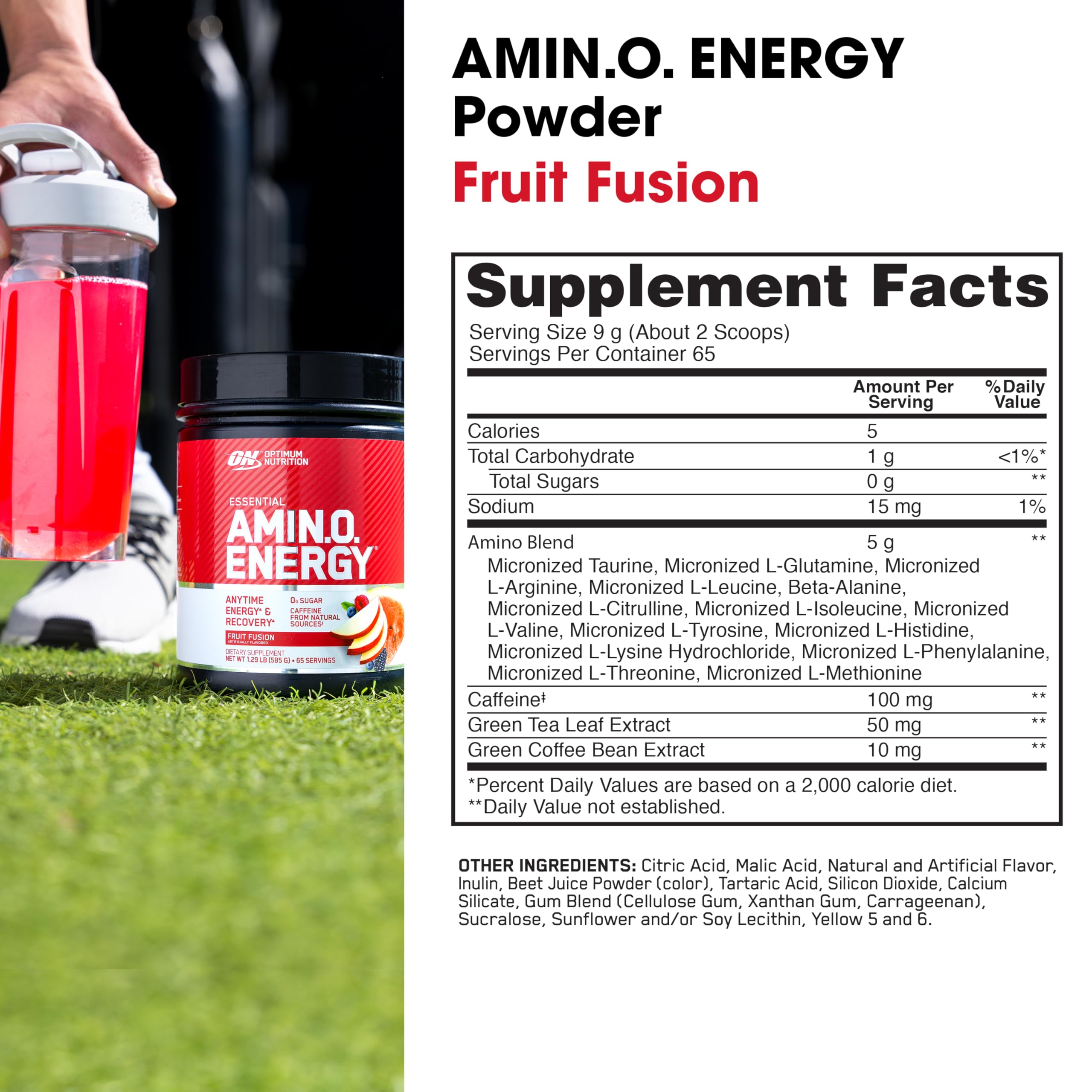 Textura del polvo Amino Energy de Optimum Nutrition, disolución rápida y limpia