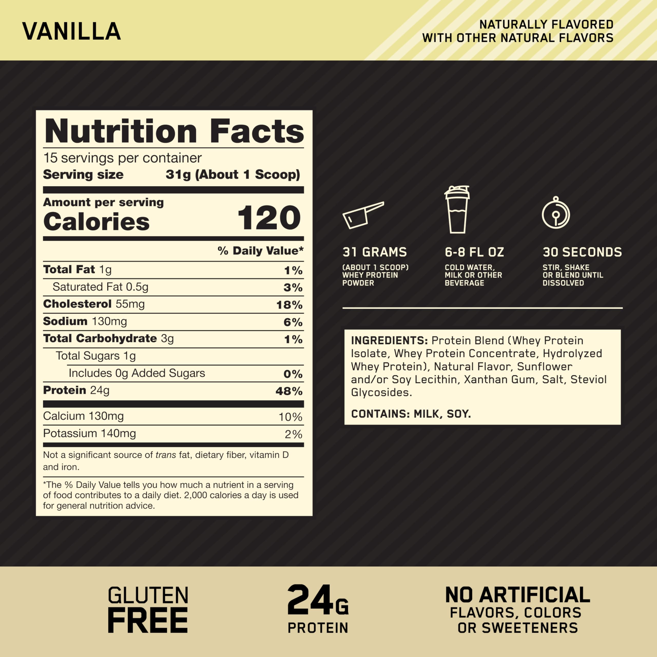 Optimum Nutrition primer plano del polvo de vainilla, textura fina y mezcla fácil