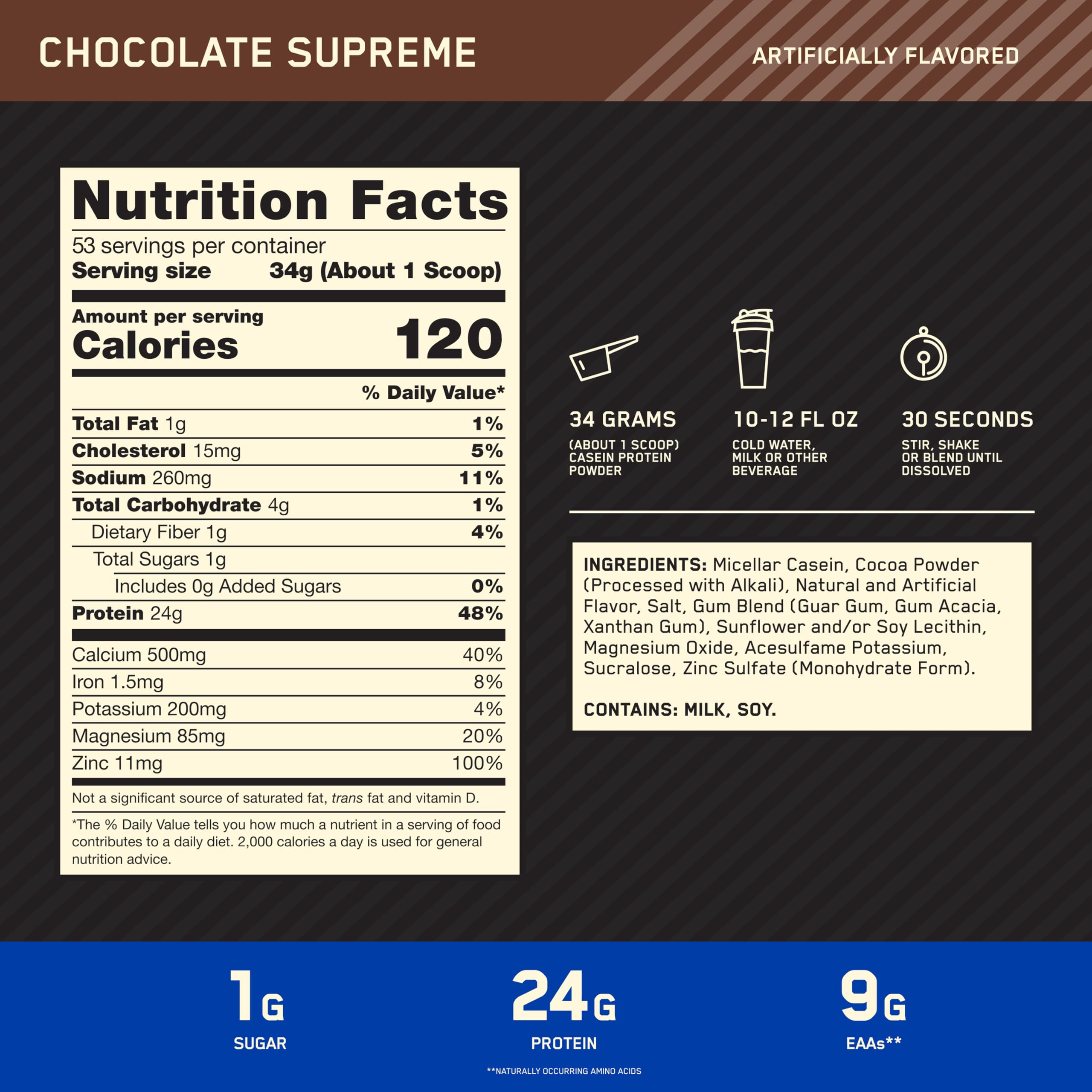 Optimum Nutrition polvo de caseína micelar textura fina ideal para mezclar