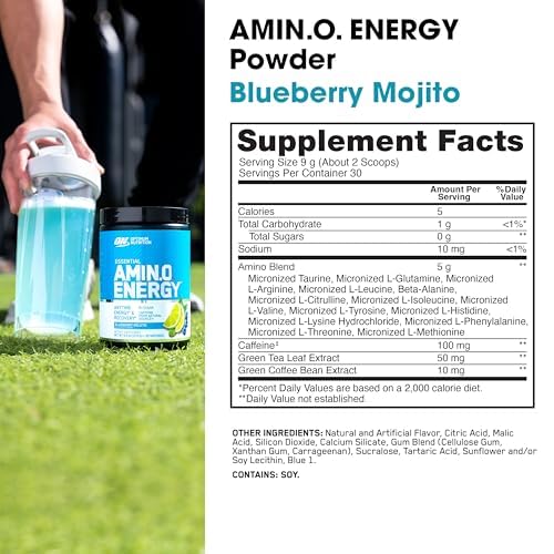 Polvo azul de Optimum Nutrition mostrando textura fina y fácil disolución