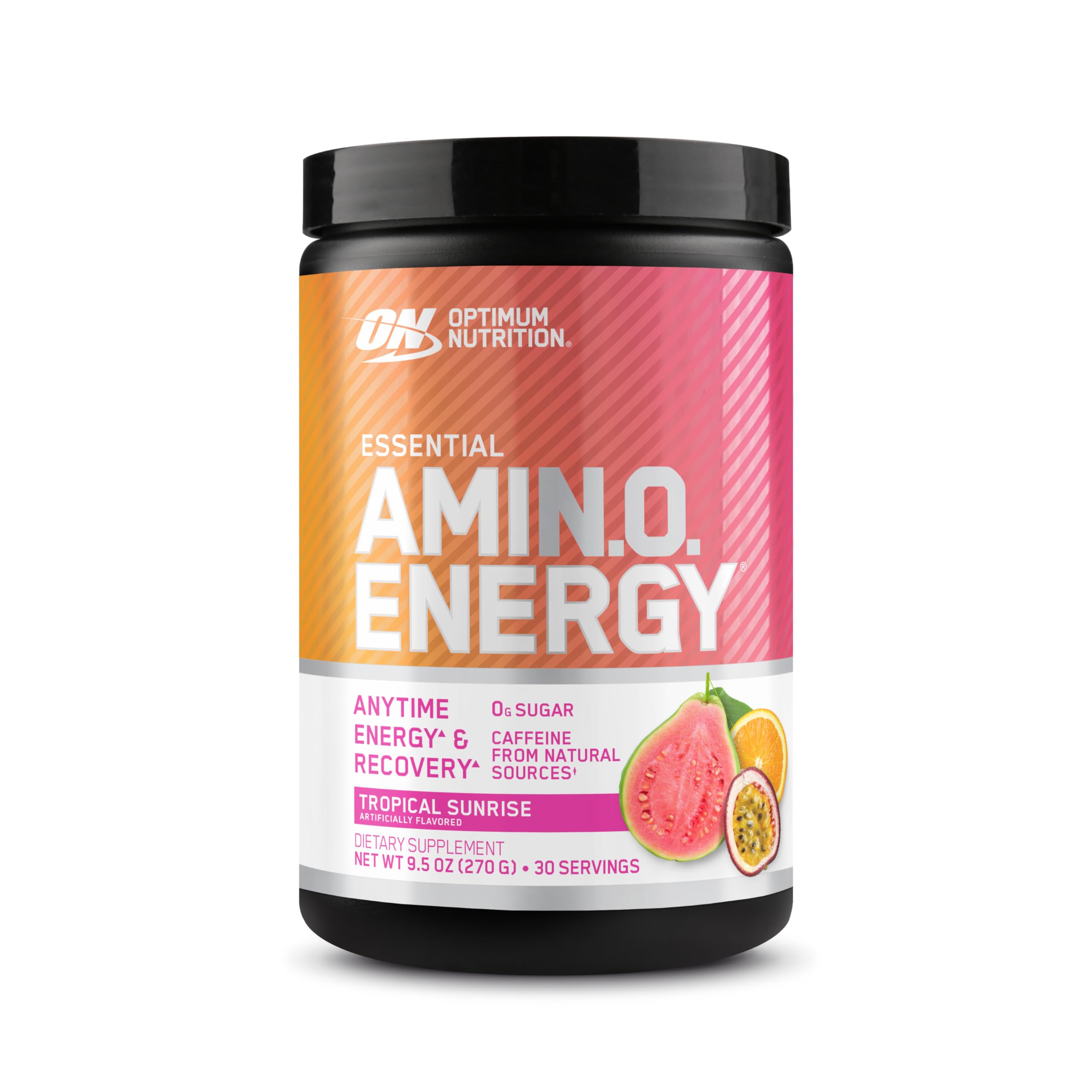 Optimum Nutrition frontal del envase mostrando sabor Tropical Sunrise y beneficio energético