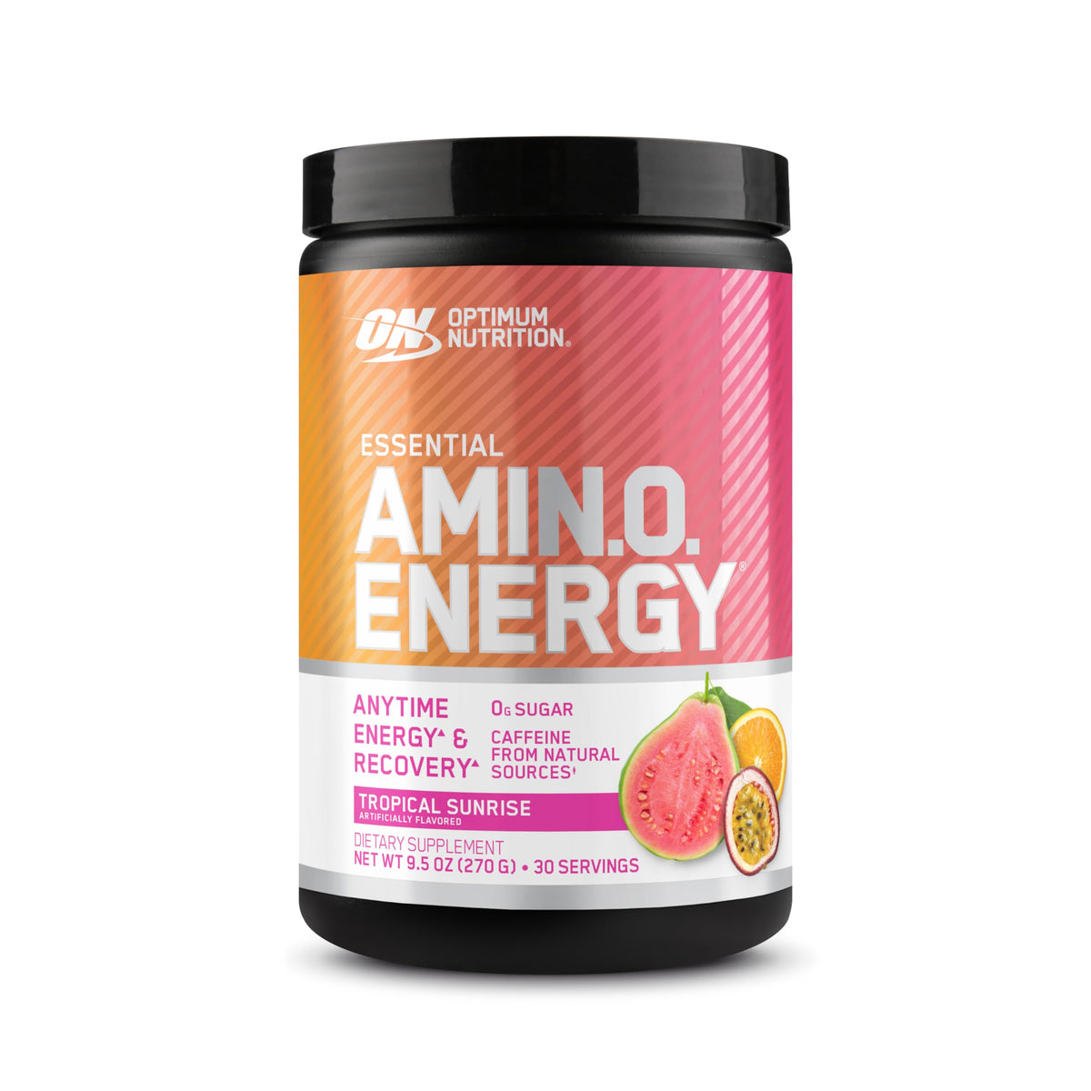 Optimum Nutrition frontal del envase mostrando sabor Tropical Sunrise y beneficio energético