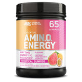 Optimum Nutrition envase Tropical Sunrise mostrando presentación y beneficio energía