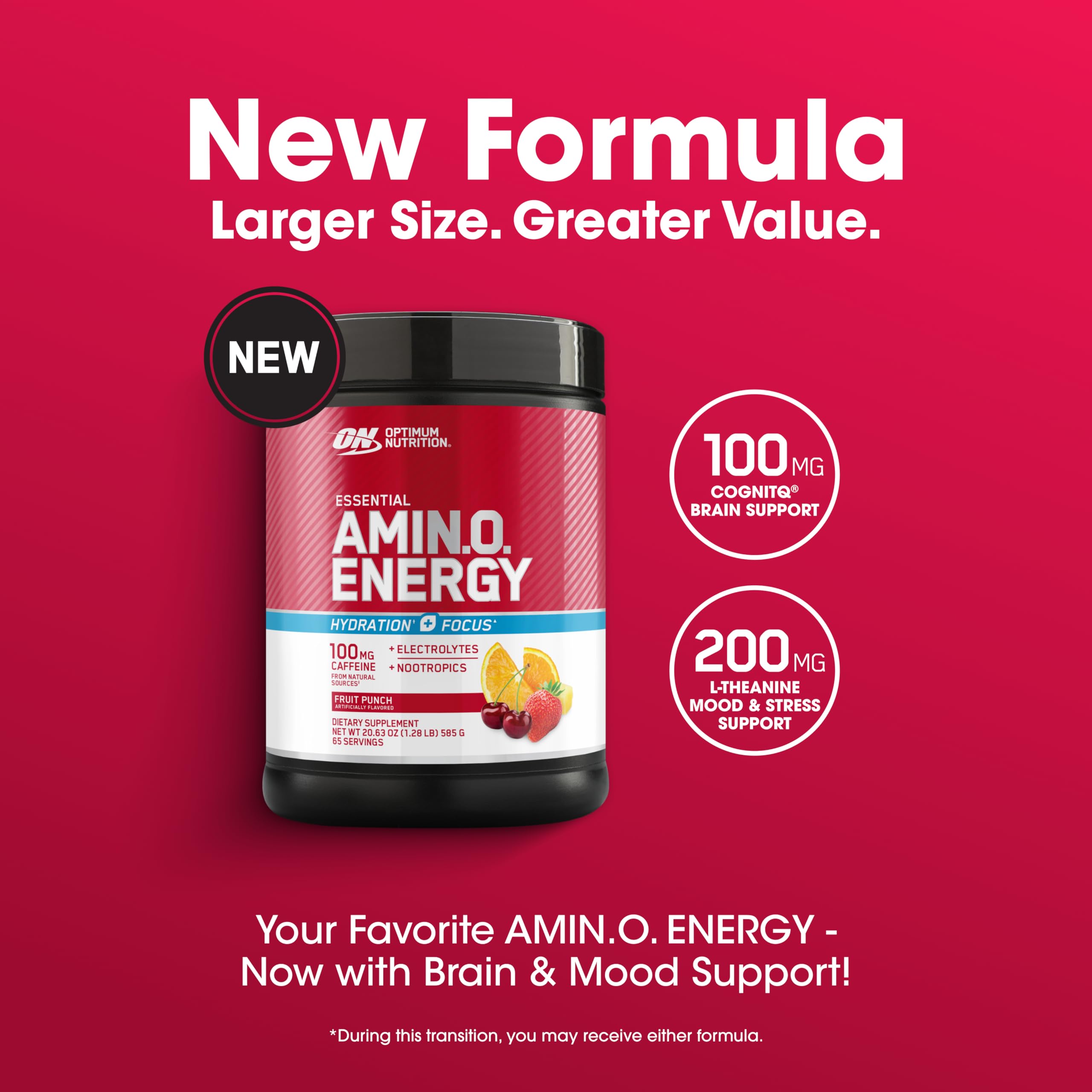 Optimum Nutrition vaso con bebida preparada demostrando energía instantánea
