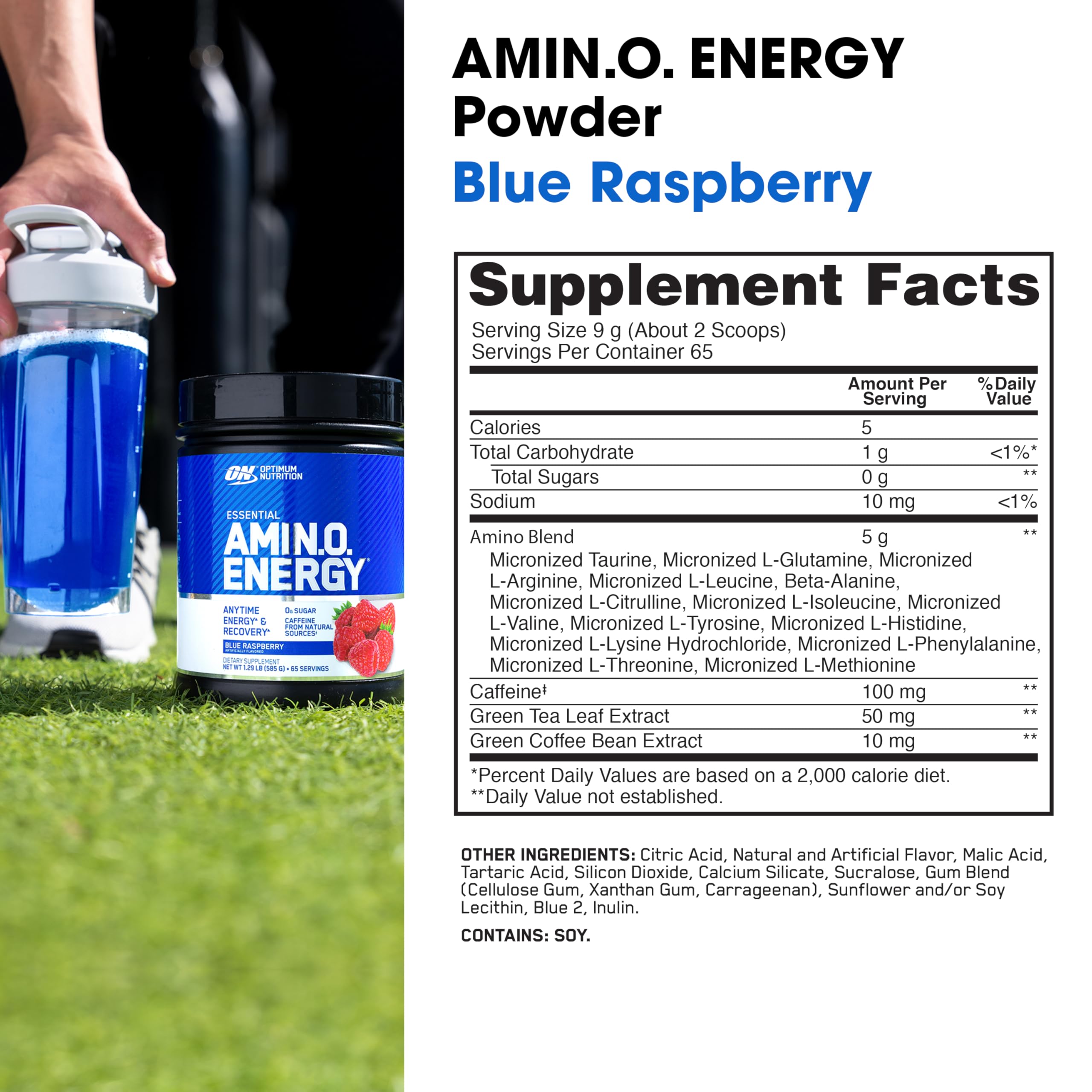 Optimum Nutrition bebida azul preparada en vaso, energía lista para entrenar