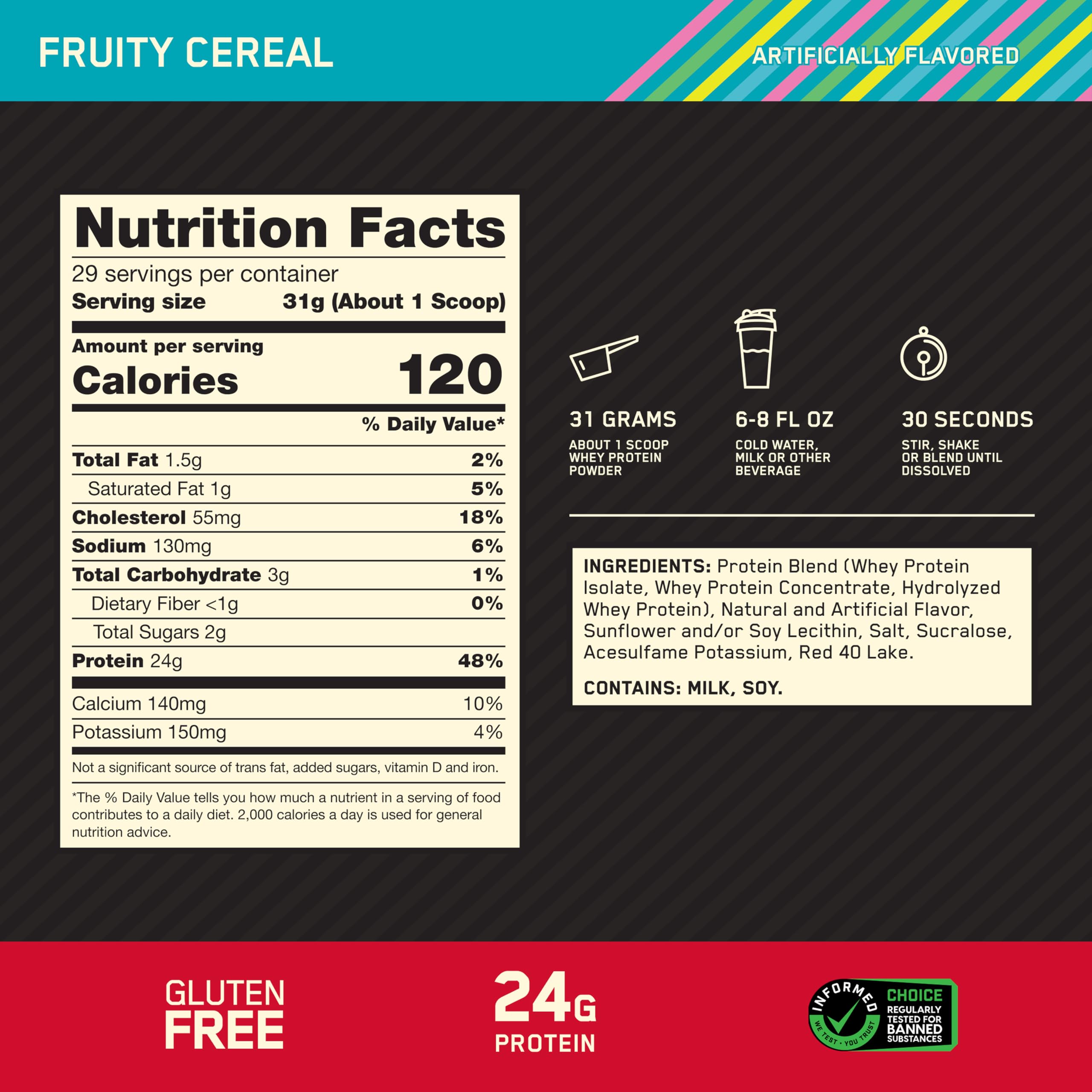 Optimum Nutrition vaso con batido listo mostrando mezcla homogénea y color