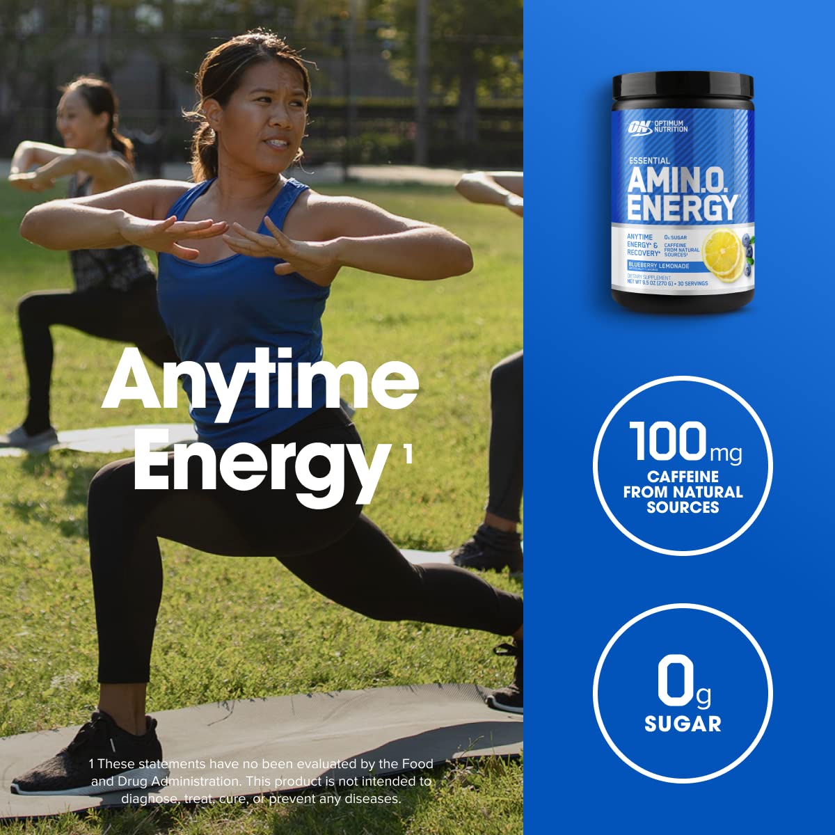 Optimum Nutrition vaso preparado azulado servido con hielo, energía refrescante al instante