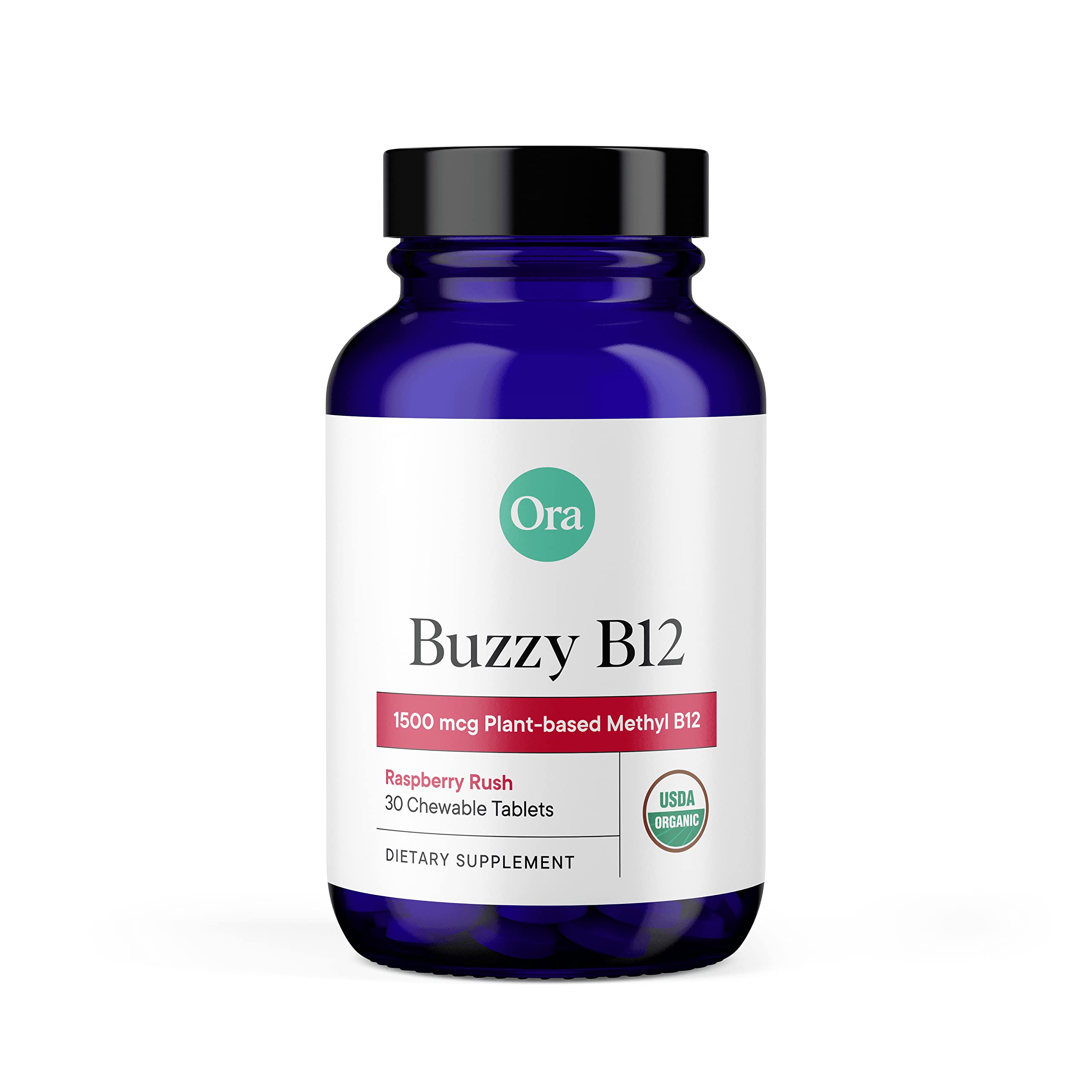 Ora Organic frasco frontal del suplemento Buzzy B12 mostrando etiqueta clara
